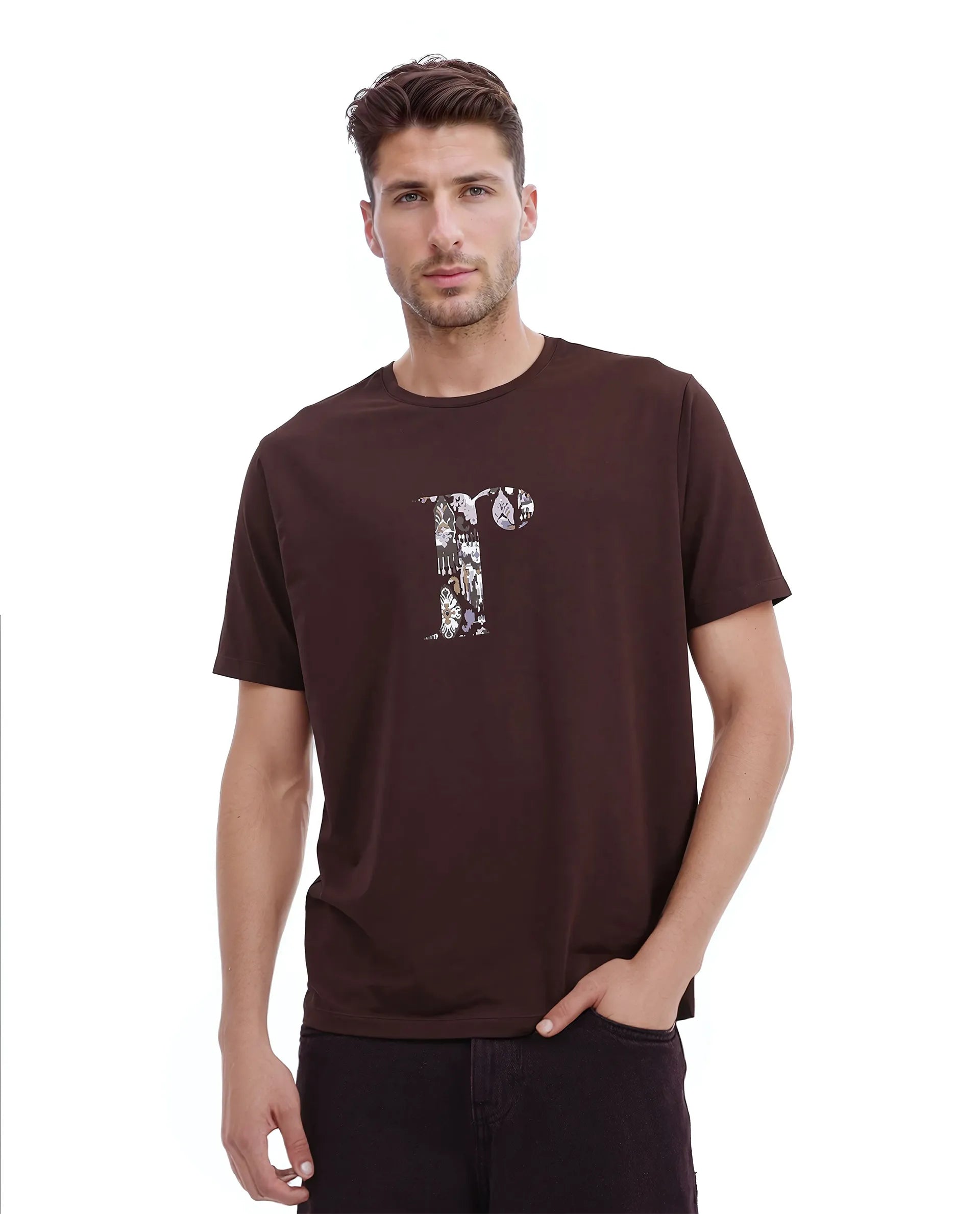 Rare Rabbit Men Bent Dark Brown Cotton Blend Fabric Short Sleeve Crew Neck Graphic Print T-Shirt