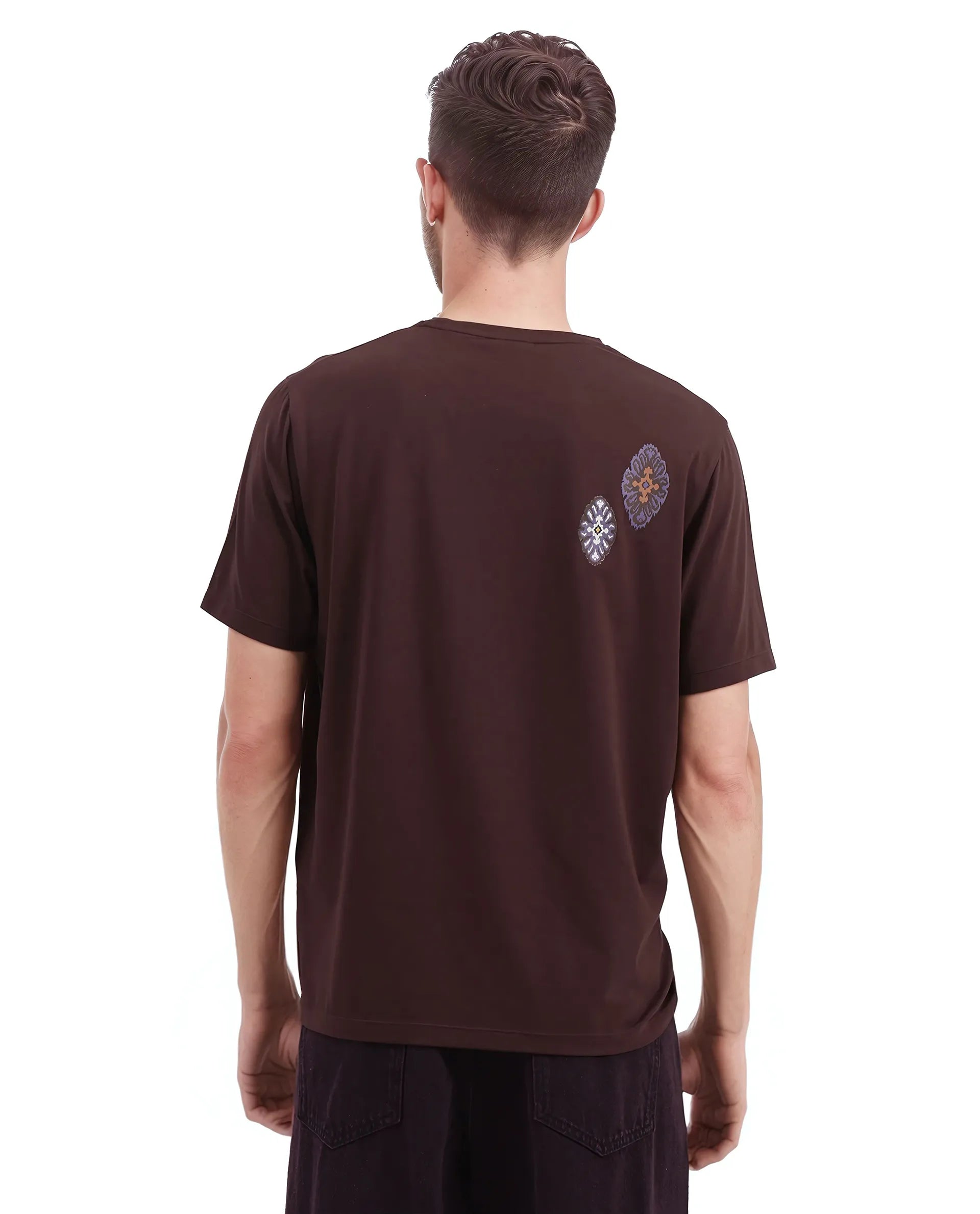 Rare Rabbit Men Bent Dark Brown Cotton Blend Fabric Short Sleeve Crew Neck Graphic Print T-Shirt