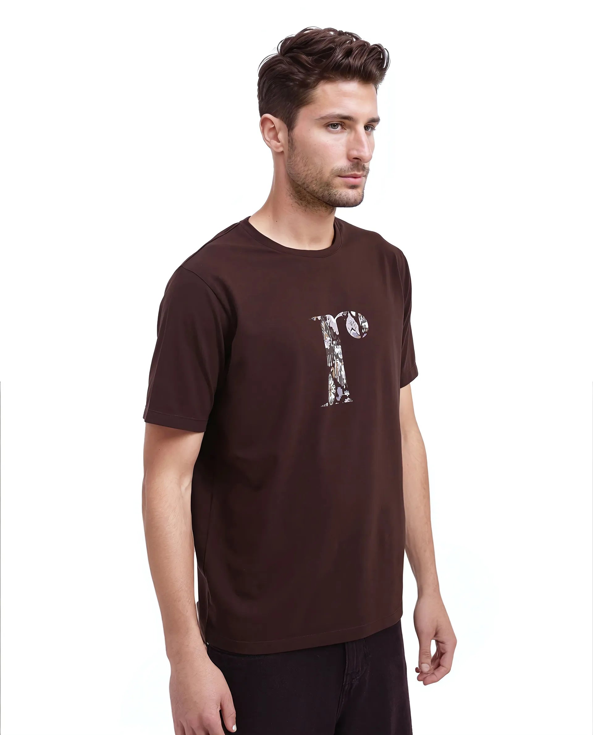 Rare Rabbit Men Bent Dark Brown Cotton Blend Fabric Short Sleeve Crew Neck Graphic Print T-Shirt