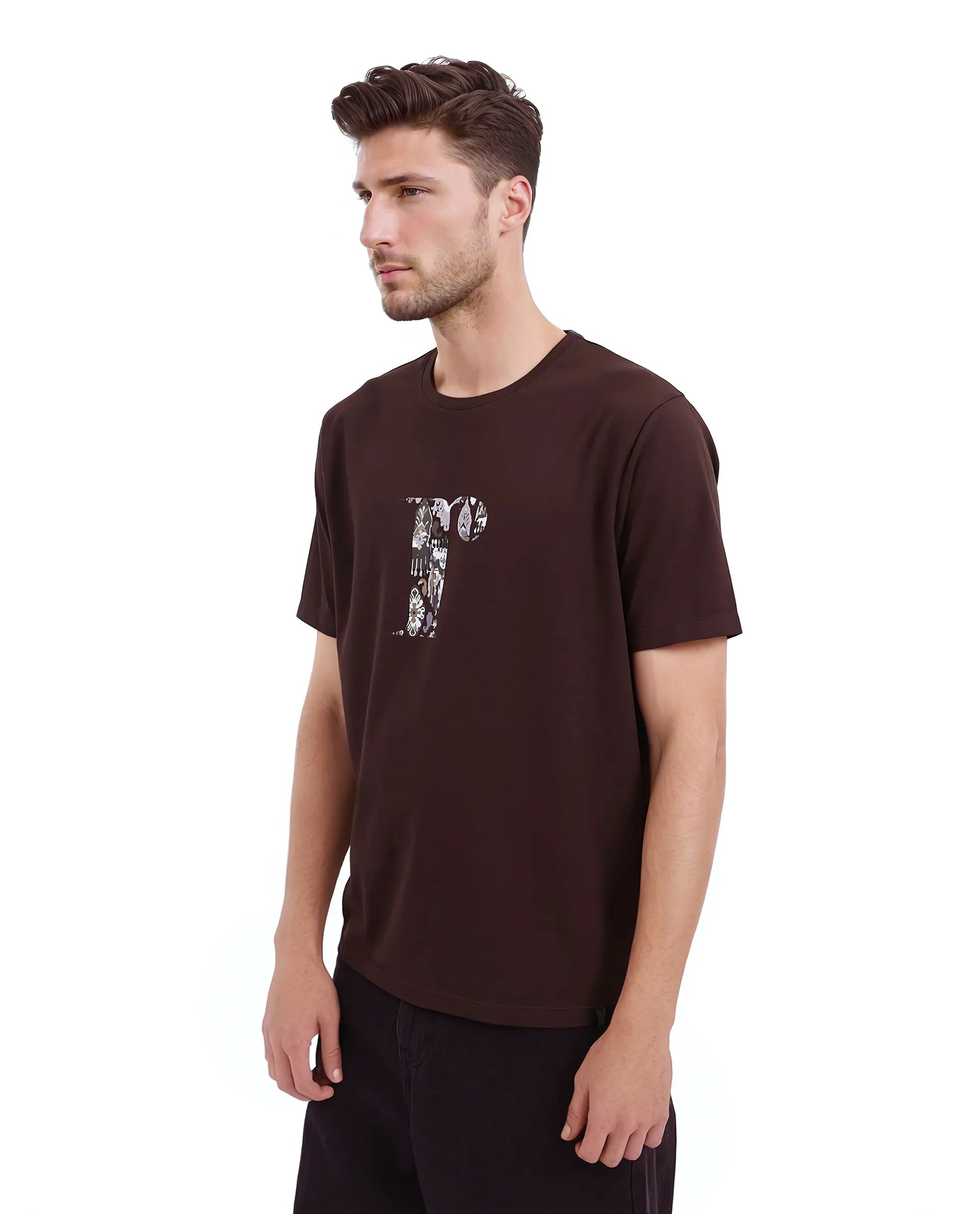 Rare Rabbit Men Bent Dark Brown Cotton Blend Fabric Short Sleeve Crew Neck Graphic Print T-Shirt