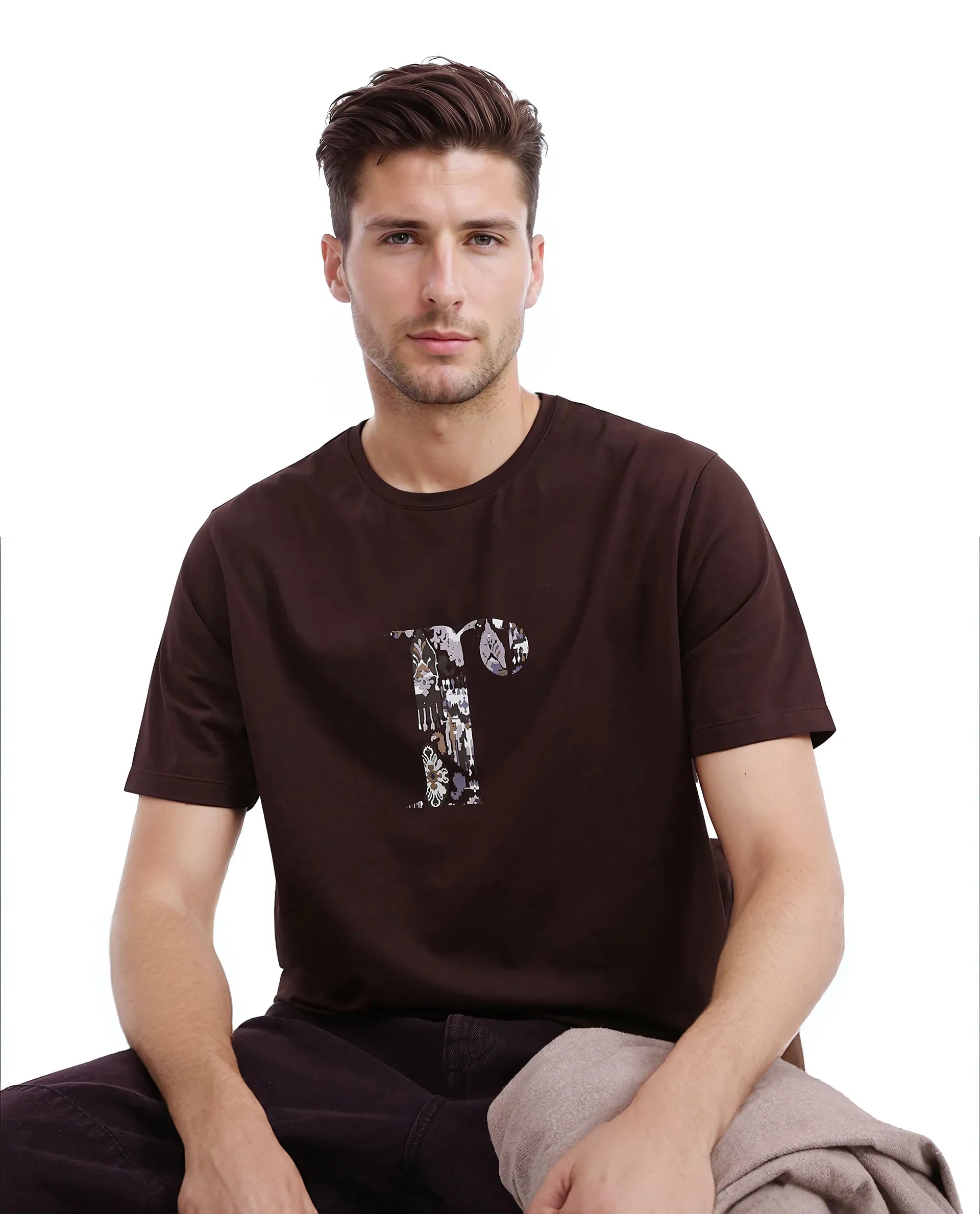 Rare Rabbit Men Bent Dark Brown Cotton Blend Fabric Short Sleeve Crew Neck Graphic Print T-Shirt