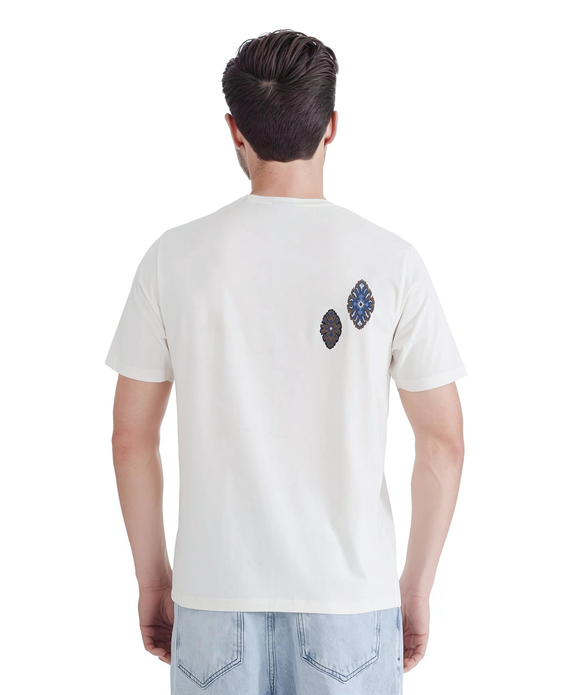 Rare Rabbit Men Bent Off White Cotton Blend Fabric Short Sleeve Crew Neck Graphic Print T-Shirt