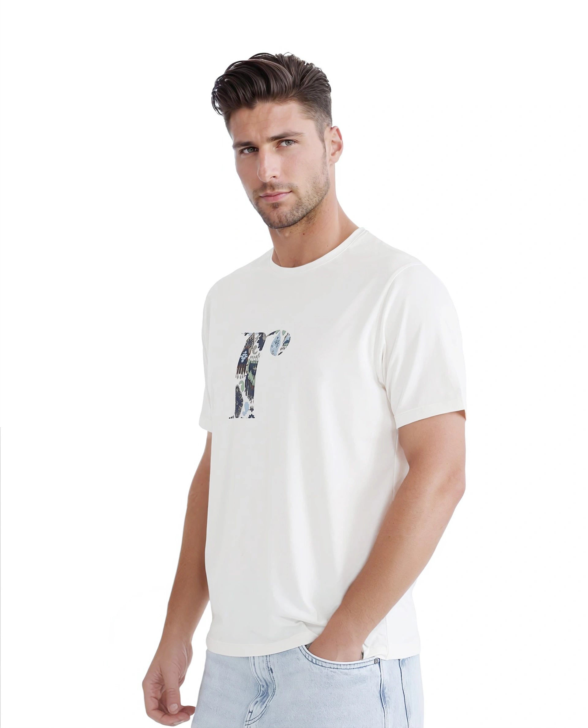 Rare Rabbit Men Bent Off White Cotton Blend Fabric Short Sleeve Crew Neck Graphic Print T-Shirt