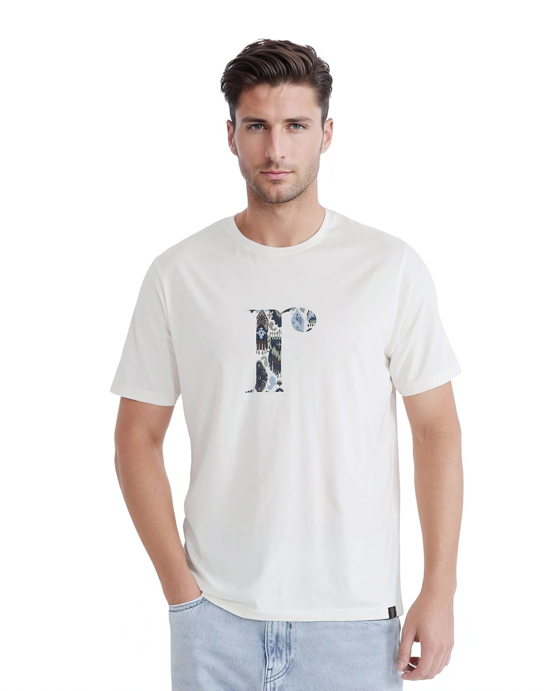 Rare Rabbit Men Bent Off White Cotton Blend Fabric Short Sleeve Crew Neck Graphic Print T-Shirt