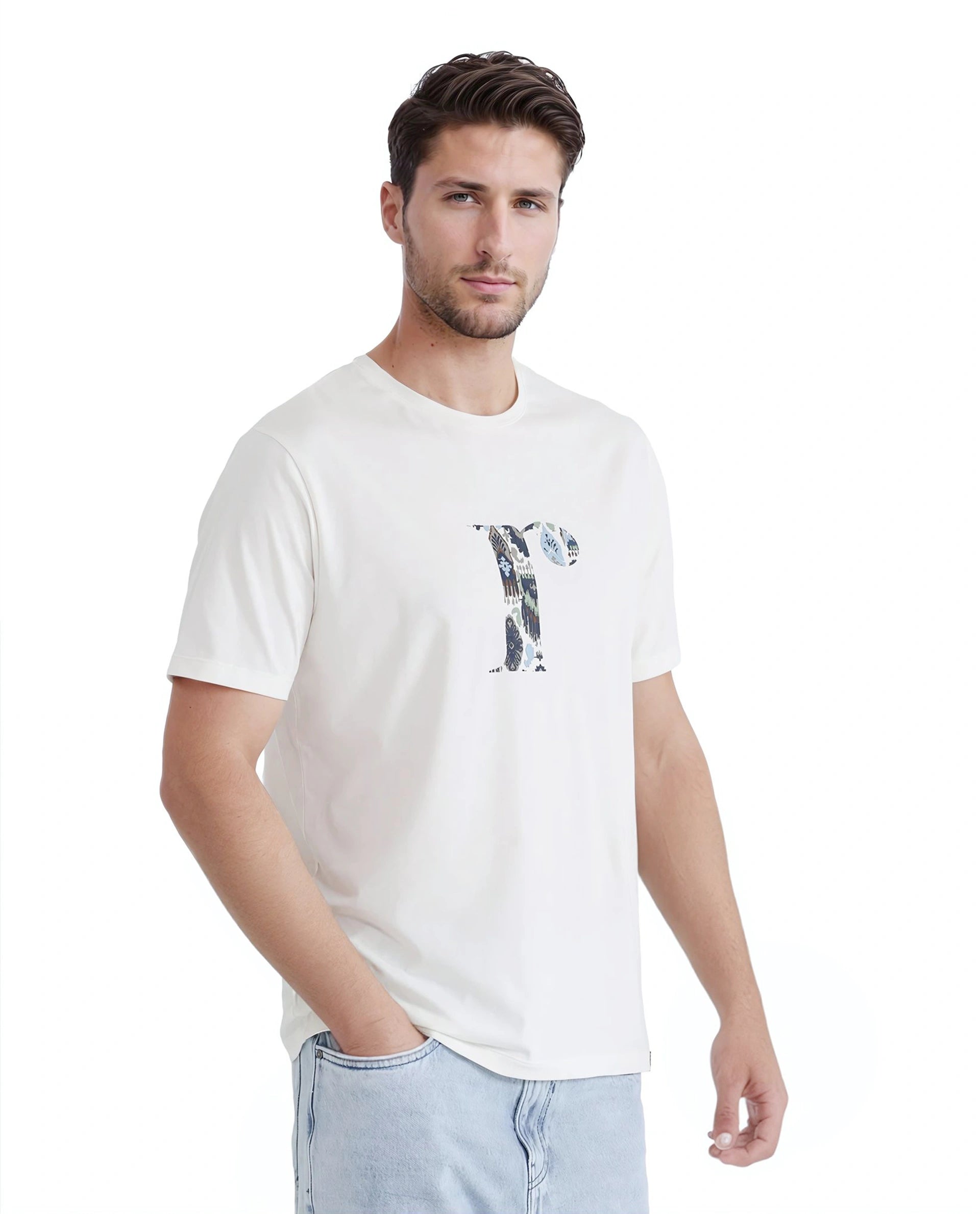Rare Rabbit Men Bent Off White Cotton Blend Fabric Short Sleeve Crew Neck Graphic Print T-Shirt