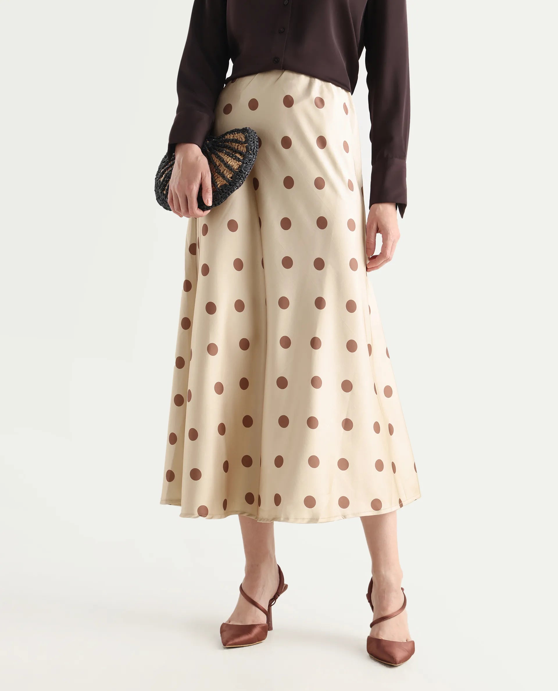 Rareism Women's Berdo-B Beige Polyester Blend Polka Print Maxi Flared Skirt