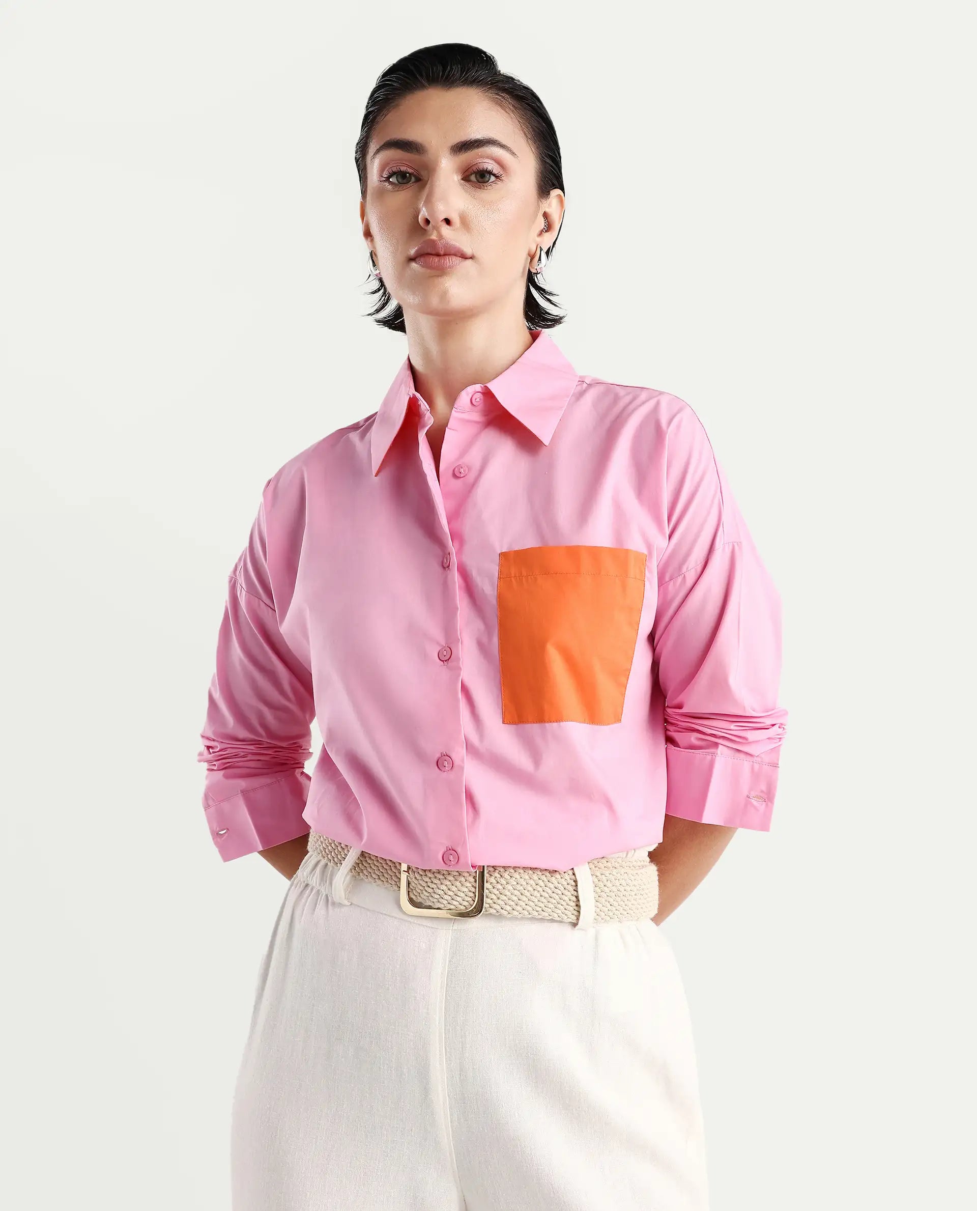 Rareism Women's Bereio Pink Cotton Drop Collar Plain Cuffed Sleeve Regular Fit Shirt