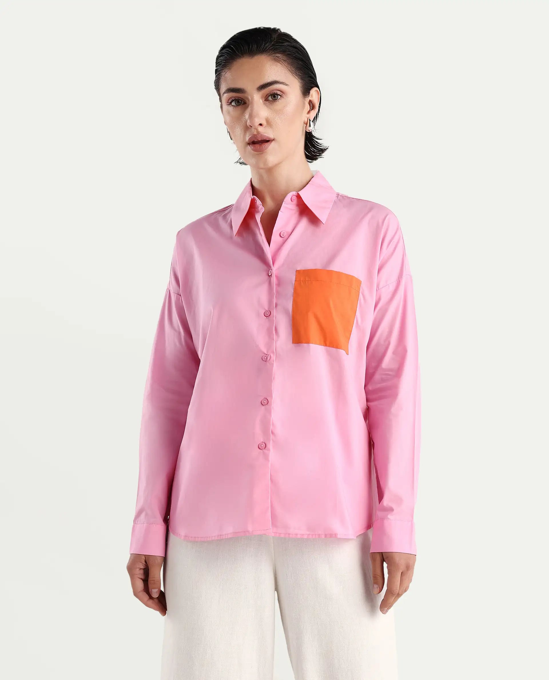 Rareism Women's Bereio Pink Cotton Drop Collar Plain Cuffed Sleeve Regular Fit Shirt