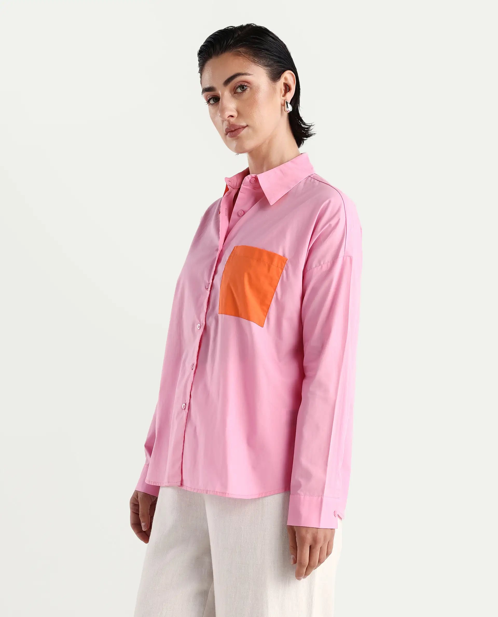 Rareism Women's Bereio Pink Cotton Drop Collar Plain Cuffed Sleeve Regular Fit Shirt