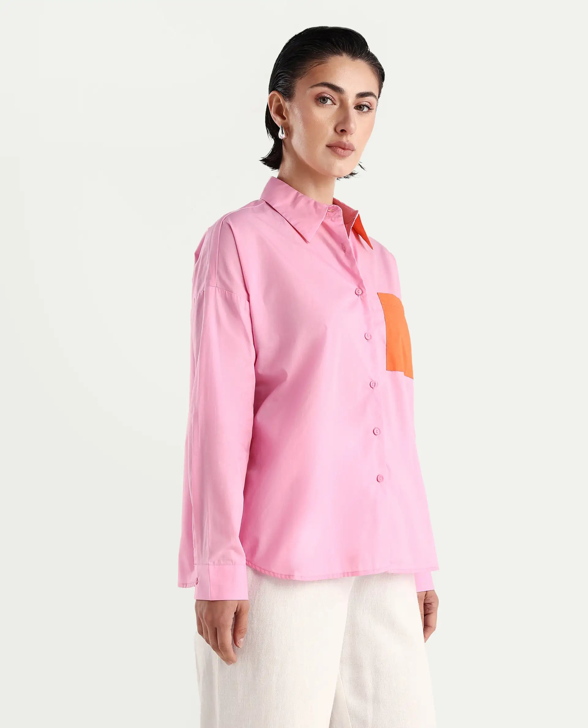 Rareism Women's Bereio Pink Cotton Drop Collar Plain Cuffed Sleeve Regular Fit Shirt