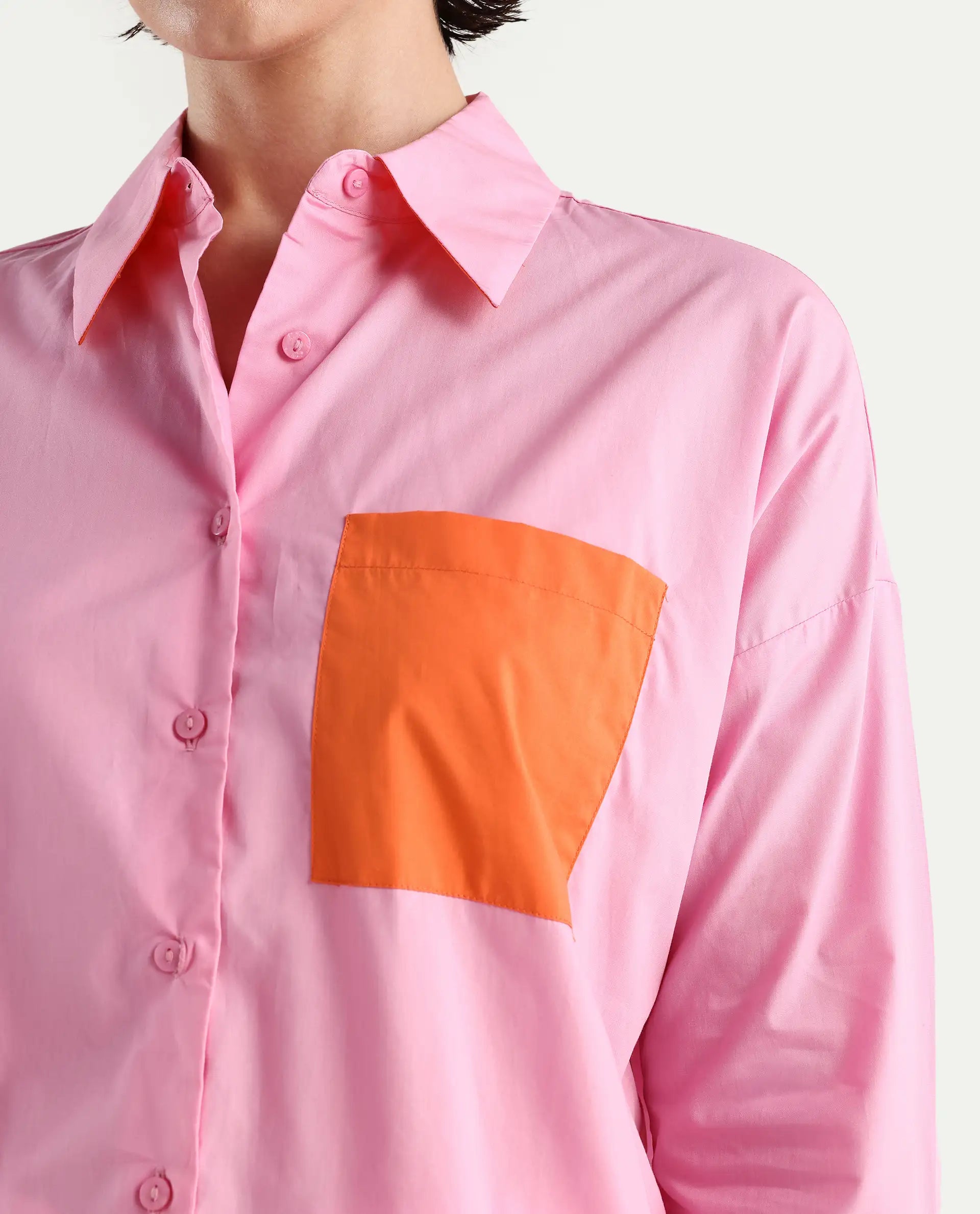 Rareism Women's Bereio Pink Cotton Drop Collar Plain Cuffed Sleeve Regular Fit Shirt