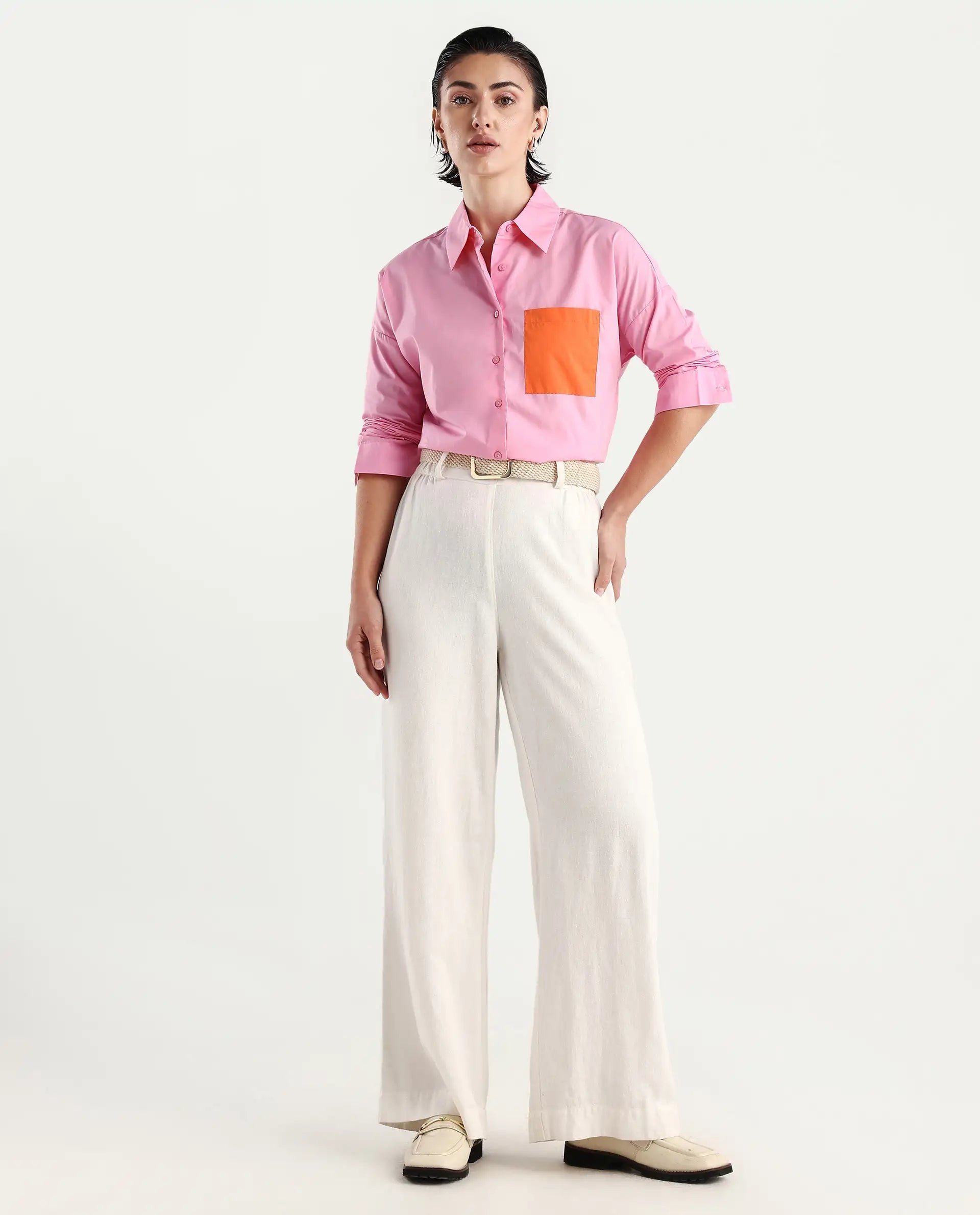 Rareism Women's Bereio Pink Cotton Drop Collar Plain Cuffed Sleeve Regular Fit Shirt