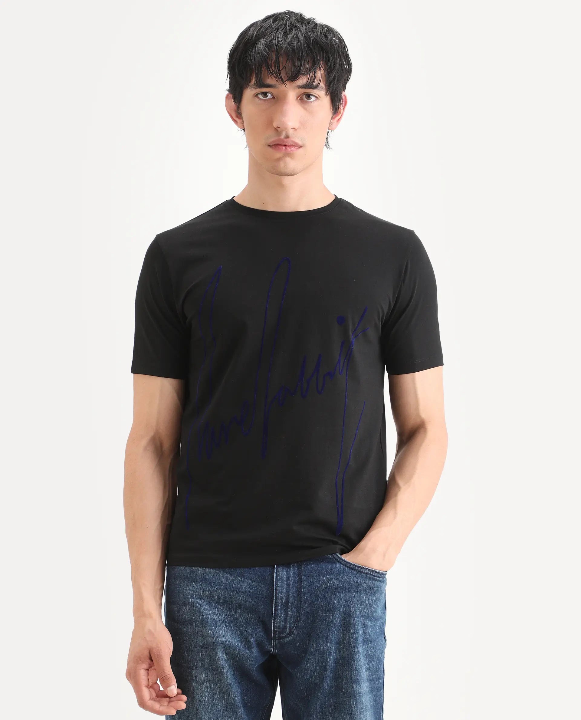 Rare Rabbit Men's Berg-S26 Black Cotton Blend Fabric Half Sleeve Crew Neck Regular Fit Printed T-Shirt