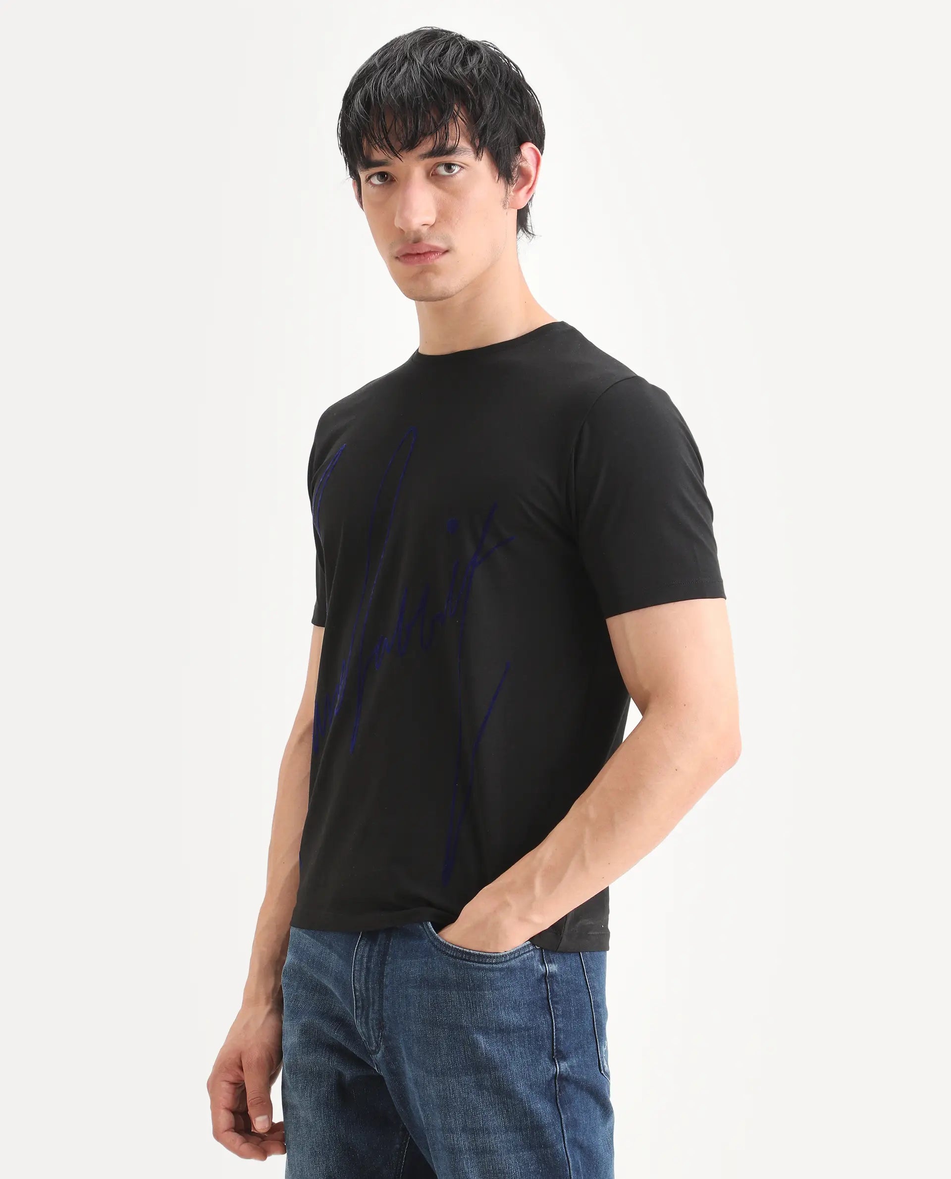 Rare Rabbit Men's Berg-S26 Black Cotton Blend Fabric Half Sleeve Crew Neck Regular Fit Printed T-Shirt
