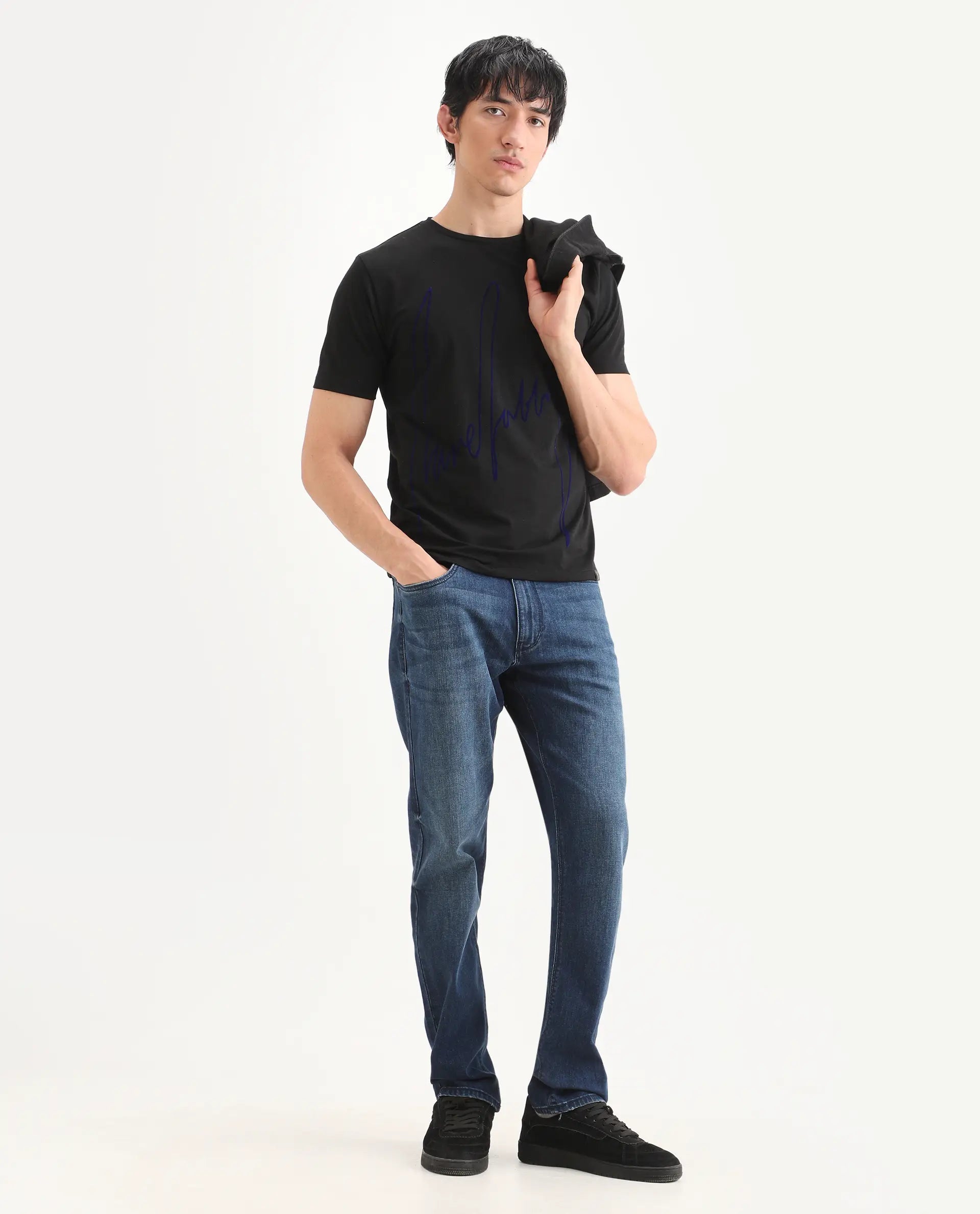 Rare Rabbit Men's Berg-S26 Black Cotton Blend Fabric Half Sleeve Crew Neck Regular Fit Printed T-Shirt