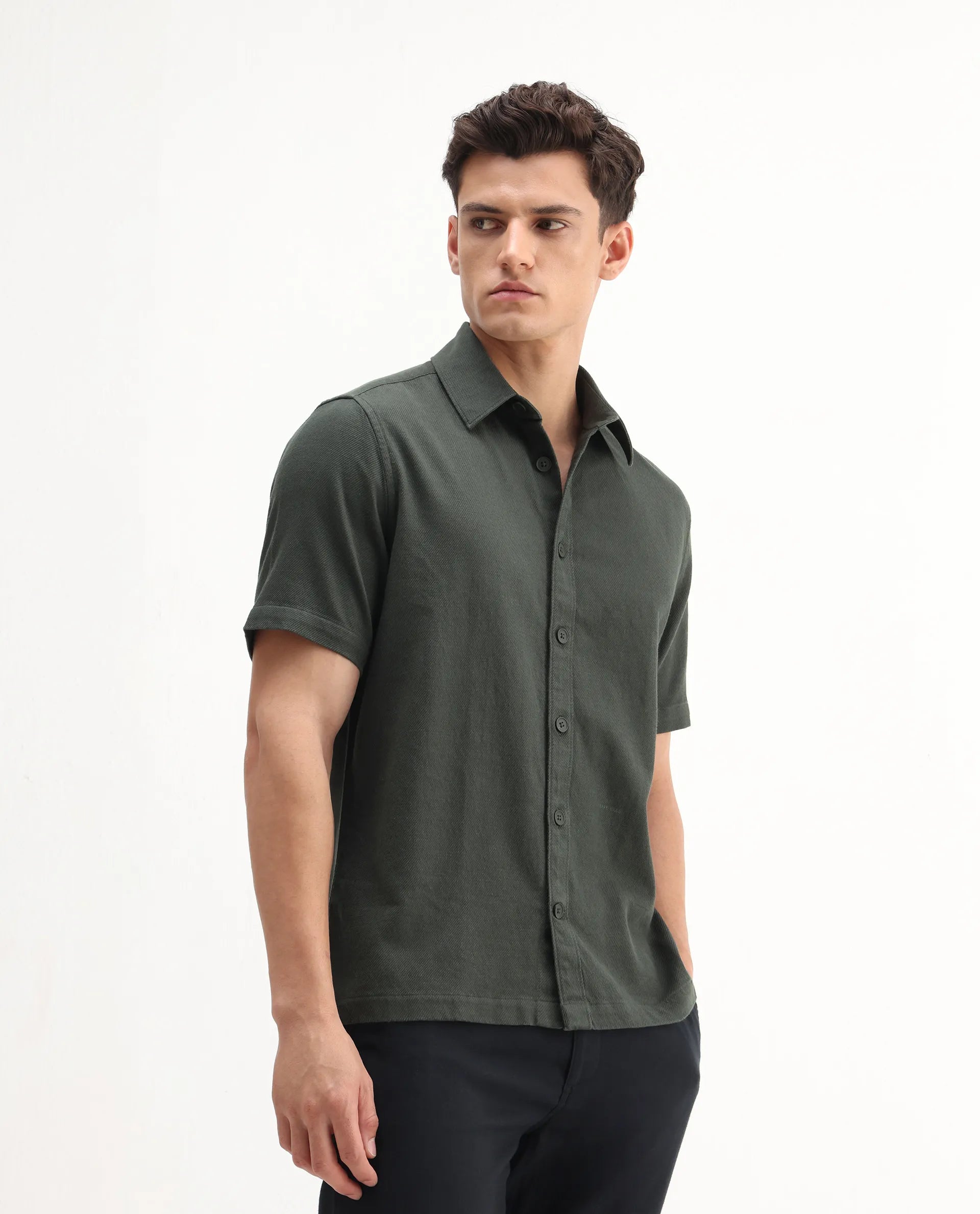 Rare Rabbit Men's Berk-Ss Olive Cotton Plain Regular Fit Half Sleeve Spread Collar Shirt