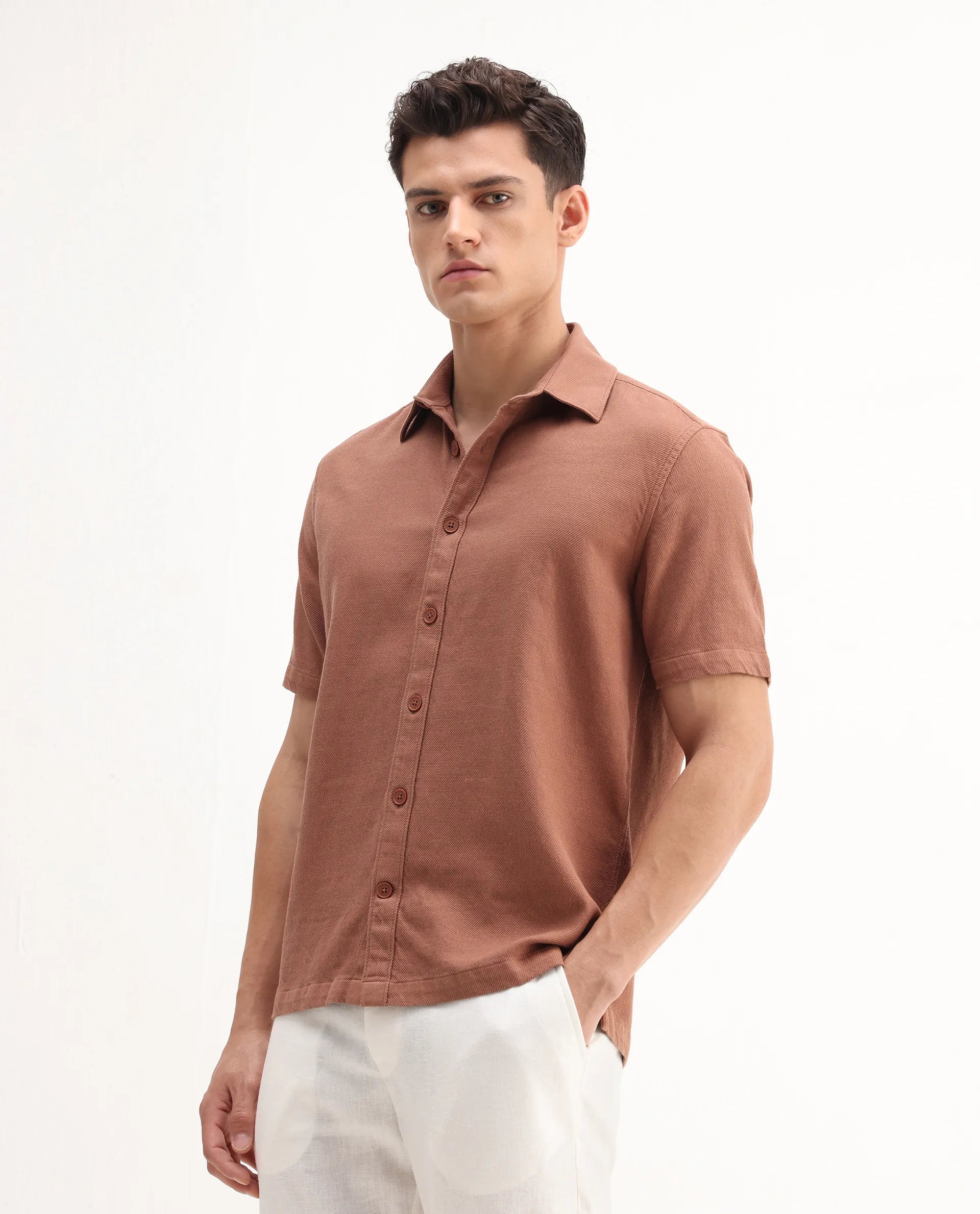 Rare Rabbit Men's Berk-Ss Rust Cotton Plain Regular Fit Half Sleeve Spread Collar Shirt