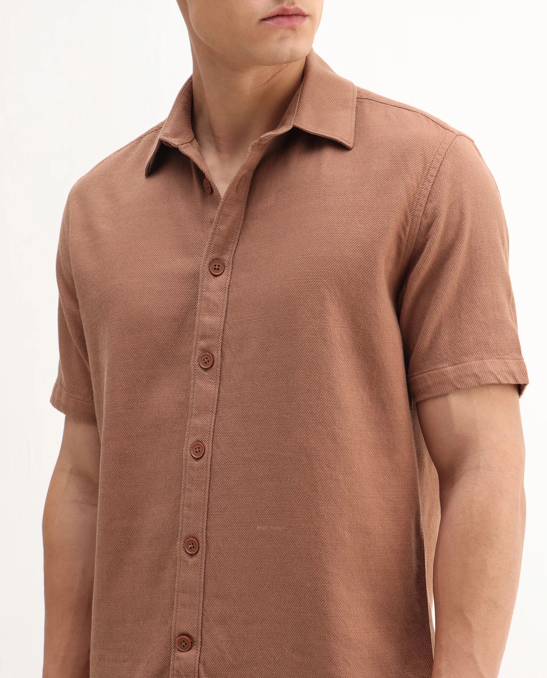 Rare Rabbit Men's Berk-Ss Rust Cotton Plain Regular Fit Half Sleeve Spread Collar Shirt