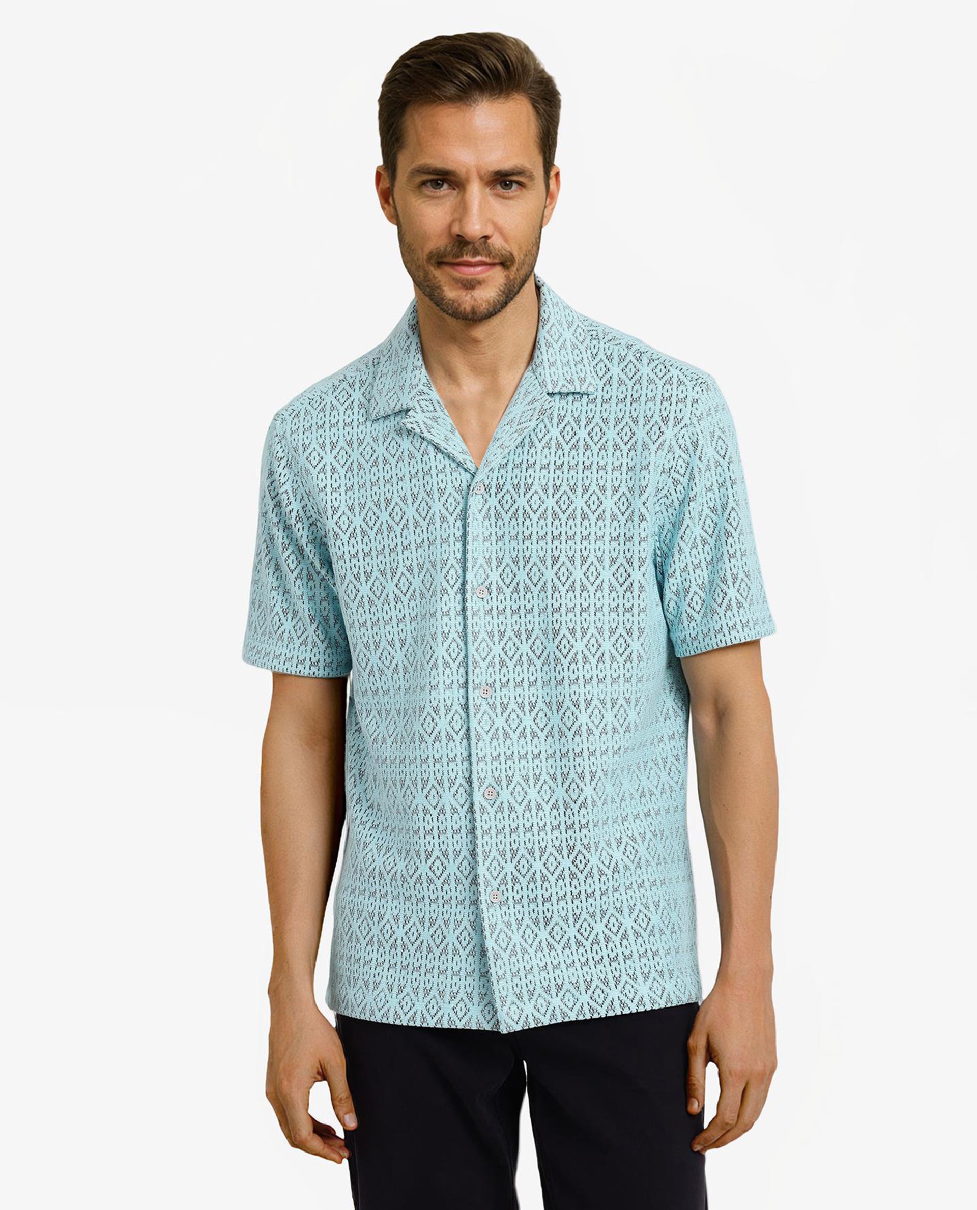 Rare Rabbit Men Berlin Light Blue Cotton Poly Fabric Short Sleeve Cuban Collar Crochet Shirt