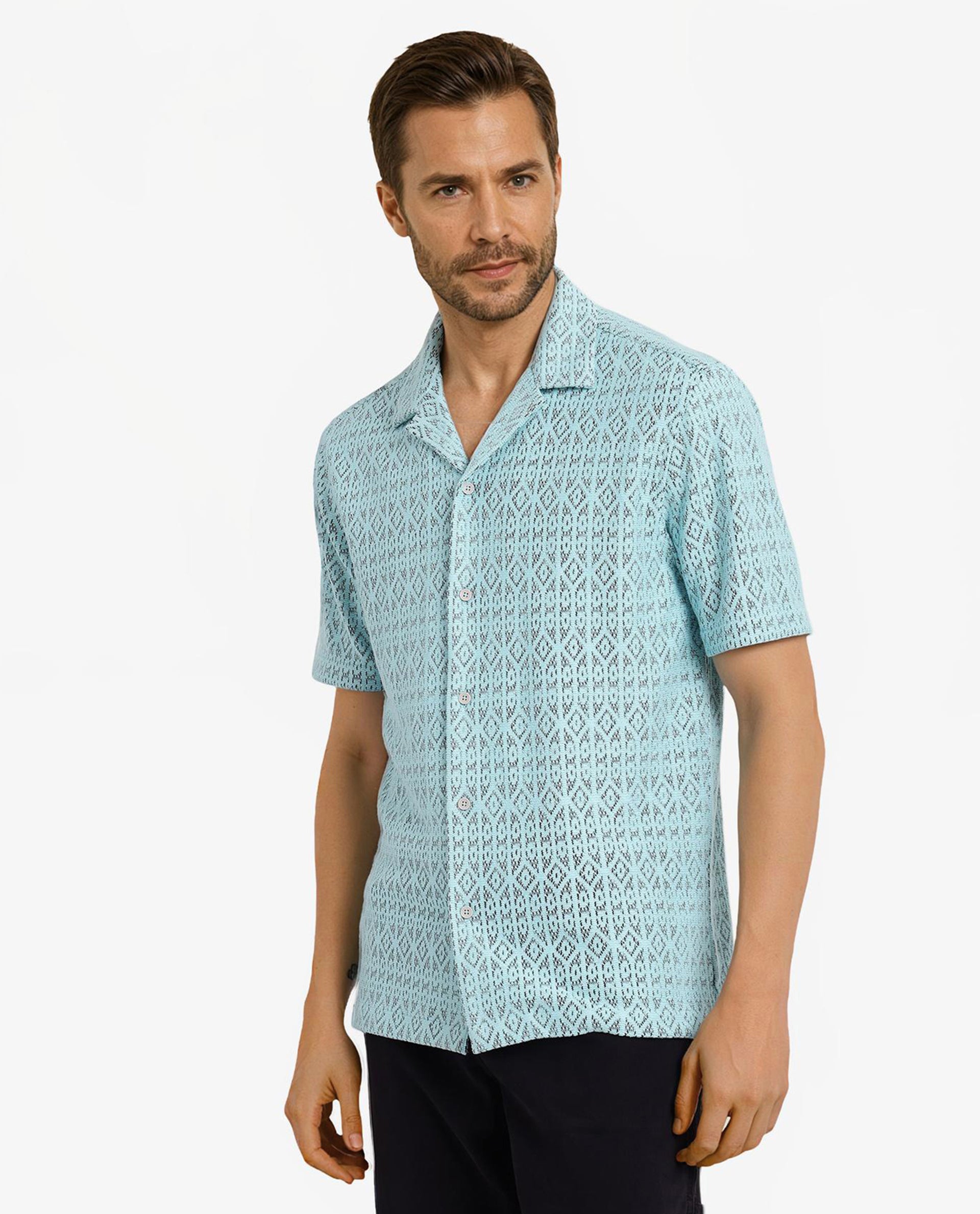 Rare Rabbit Men Berlin Light Blue Cotton Poly Fabric Short Sleeve Cuban Collar Crochet Shirt