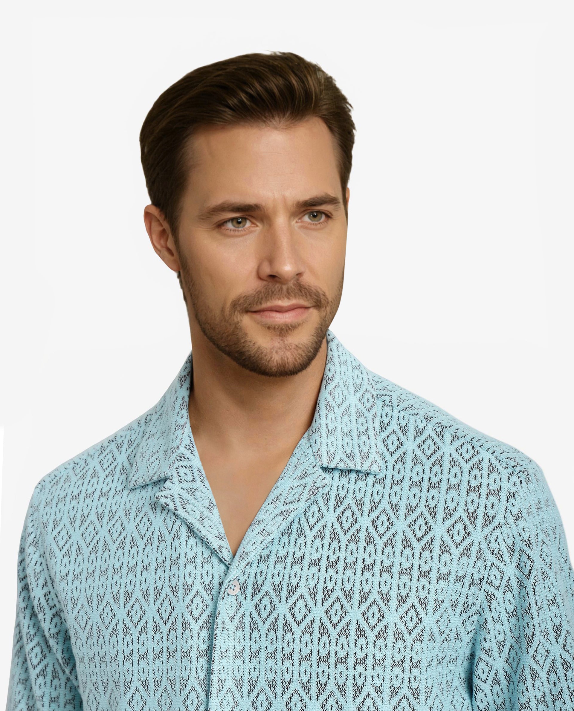 Rare Rabbit Men Berlin Light Blue Cotton Poly Fabric Short Sleeve Cuban Collar Crochet Shirt