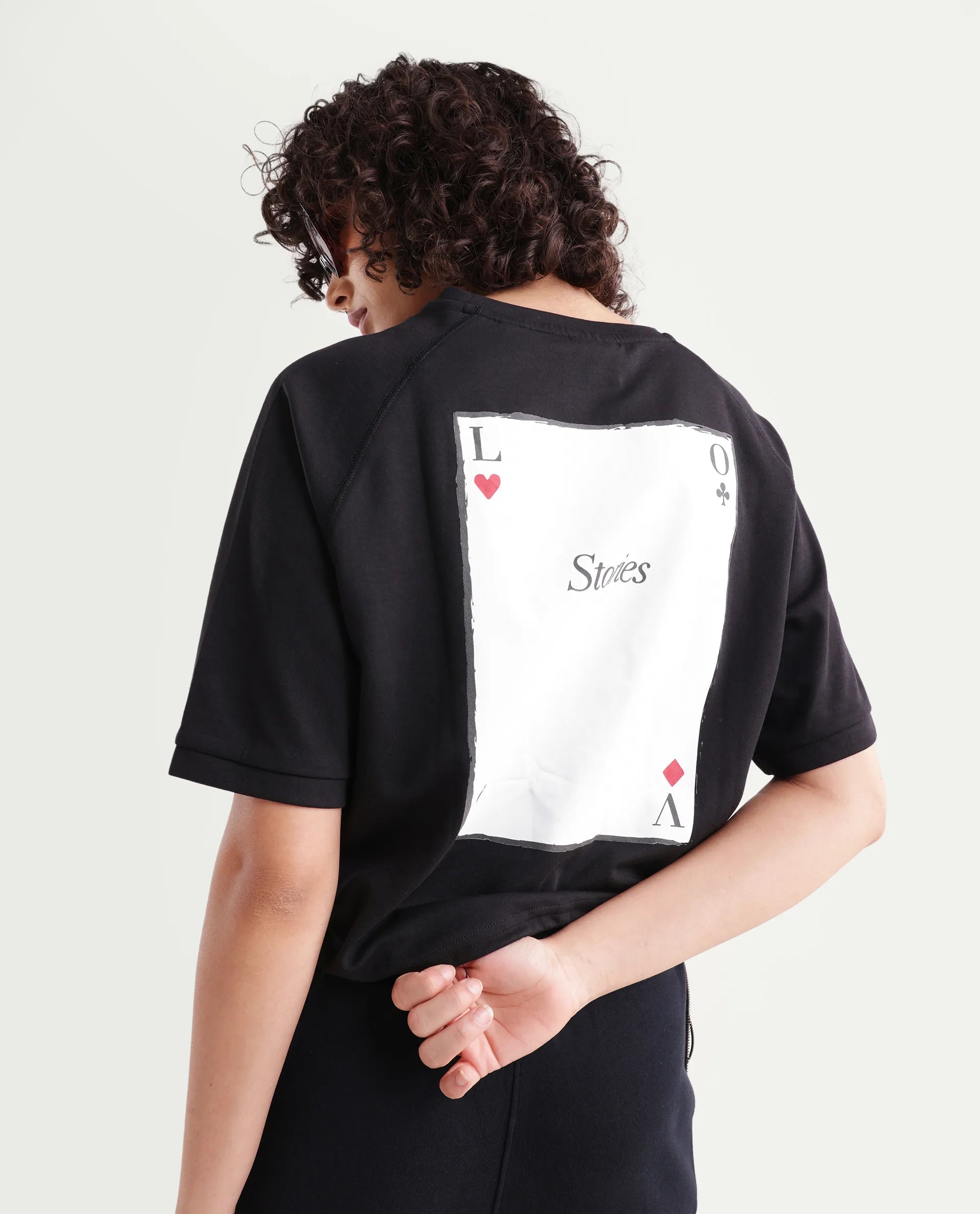 Rareism Women's Berly Black Cotton Blend Crew Neck Graphic Print Relaxed Fit T-Shirt