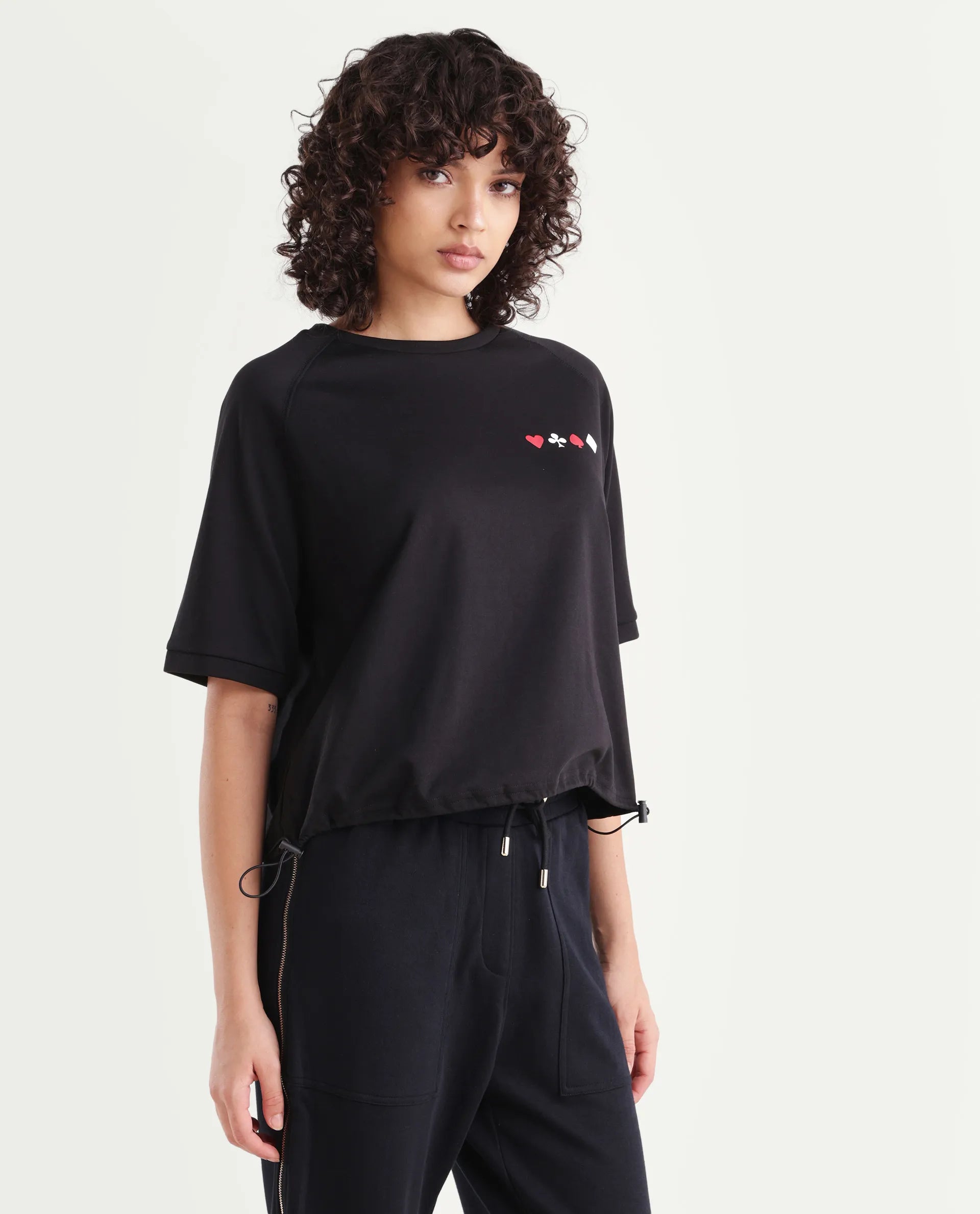 Rareism Women's Berly Black Cotton Blend Crew Neck Graphic Print Relaxed Fit T-Shirt