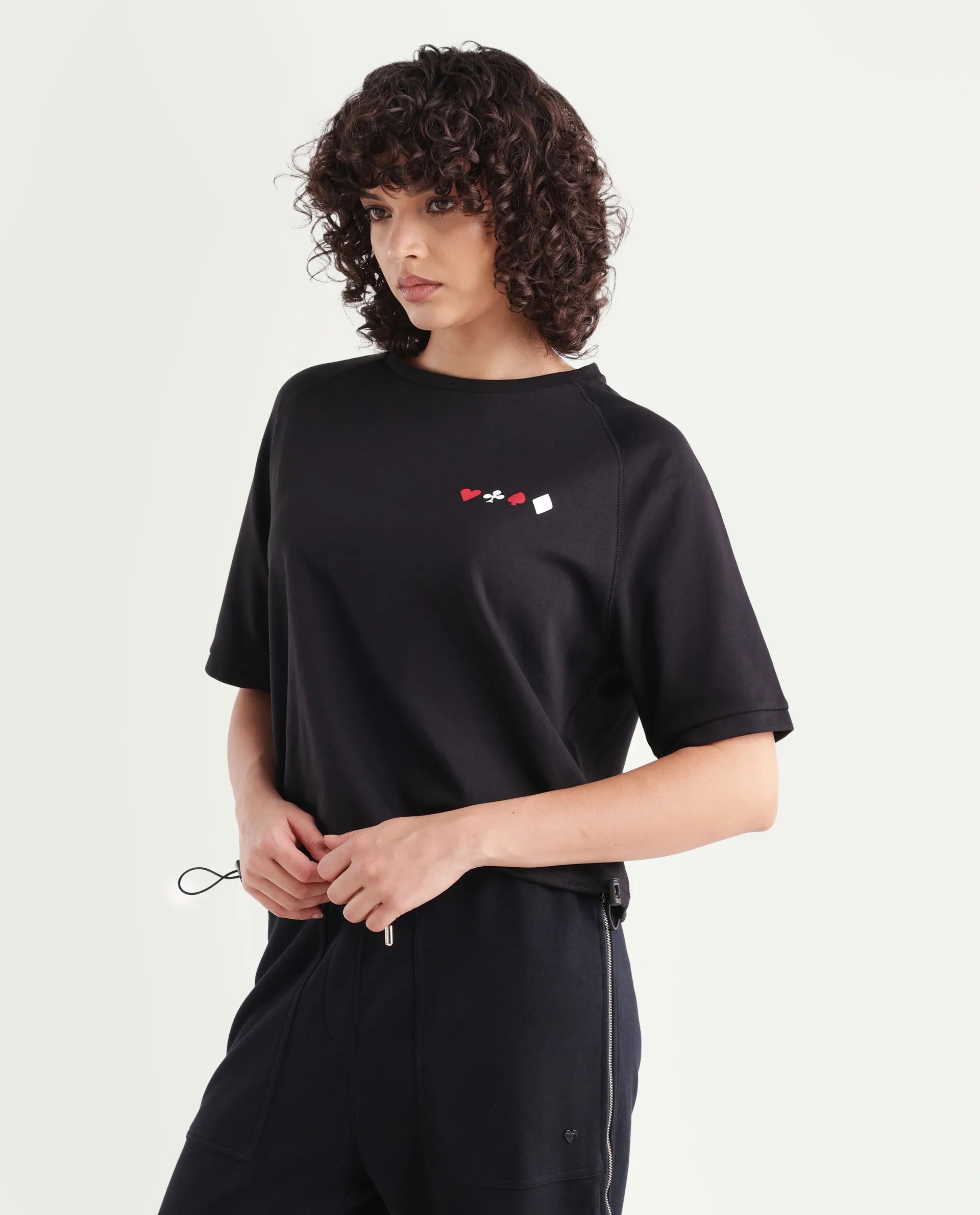 Rareism Women's Berly Black Cotton Blend Crew Neck Graphic Print Relaxed Fit T-Shirt