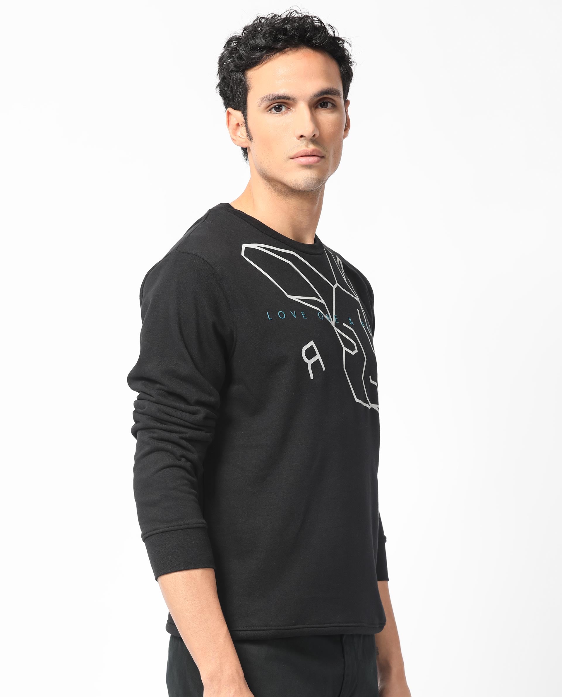 Rare Rabbit Men's Bermann Black Cotton Polyester Fabric Full Sleeves Graphic Printed Logo Sweatshirt