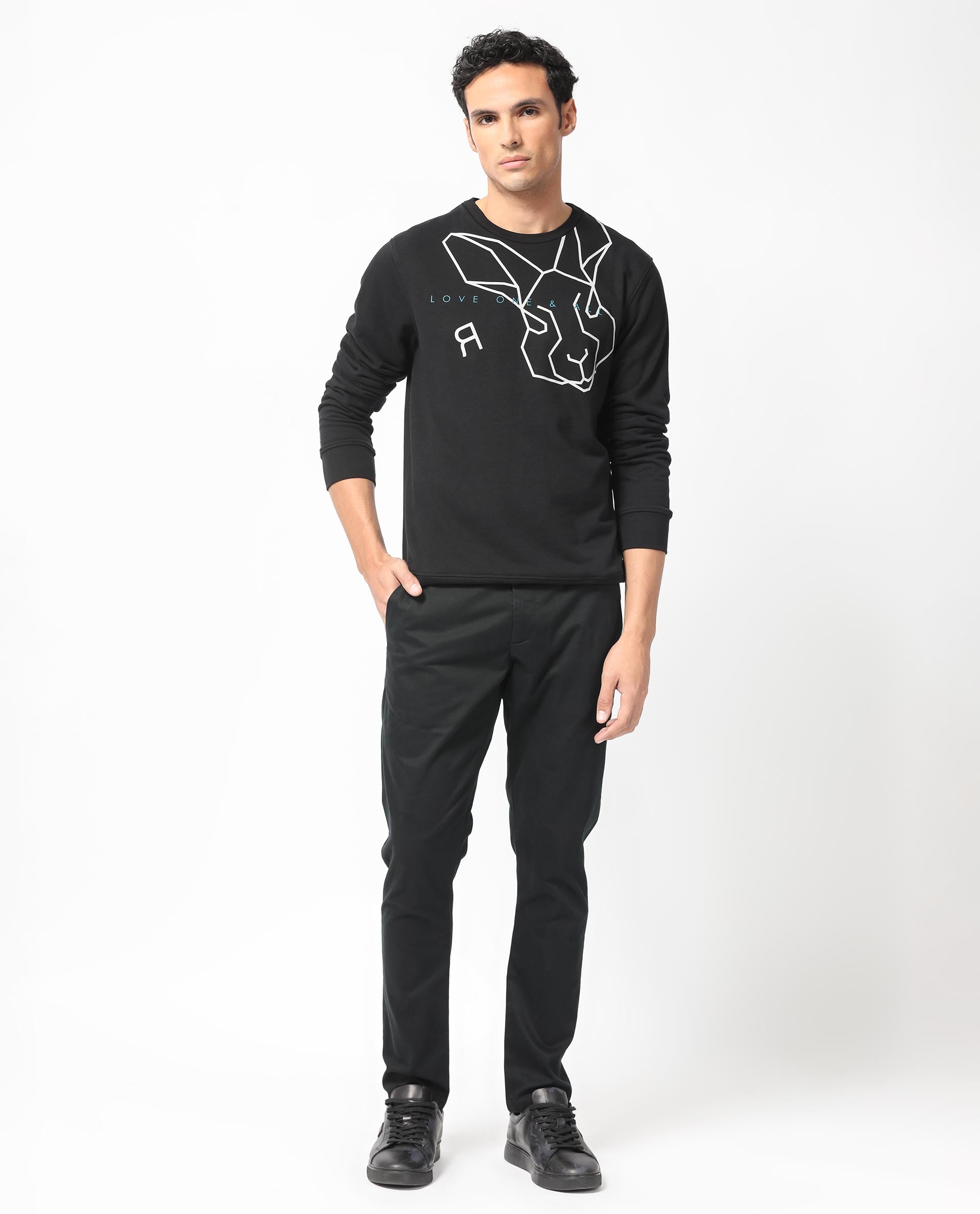 Rare Rabbit Men's Bermann Black Cotton Polyester Fabric Full Sleeves Graphic Printed Logo Sweatshirt