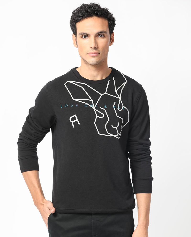 Rare Rabbit Men's Bermann Black Cotton Polyester Fabric Full Sleeves Graphic Printed Logo Sweatshirt