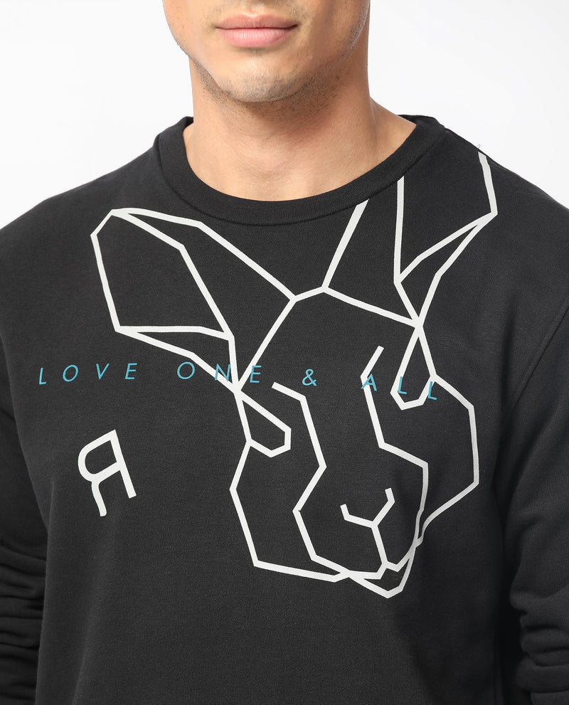 Rare Rabbit Men's Bermann Black Cotton Polyester Fabric Full Sleeves Graphic Printed Logo Sweatshirt