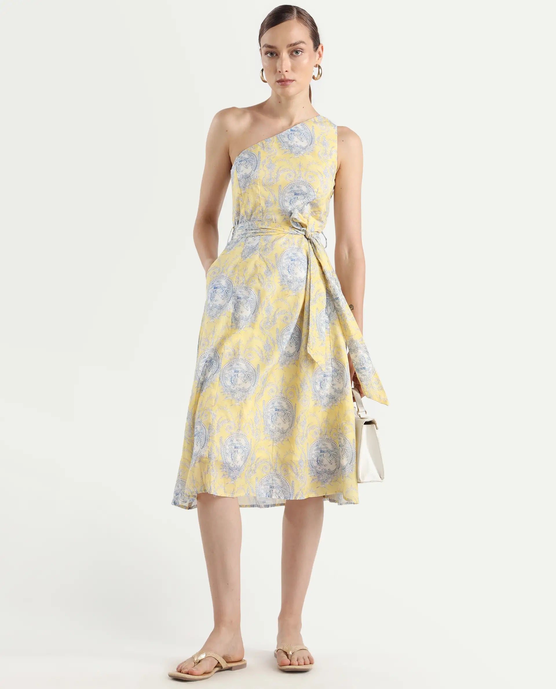 Rareism Women's Bermera Multi Cotton One Shoulder Ornamental Print One Shoulder Midi Fit And Flare Dress