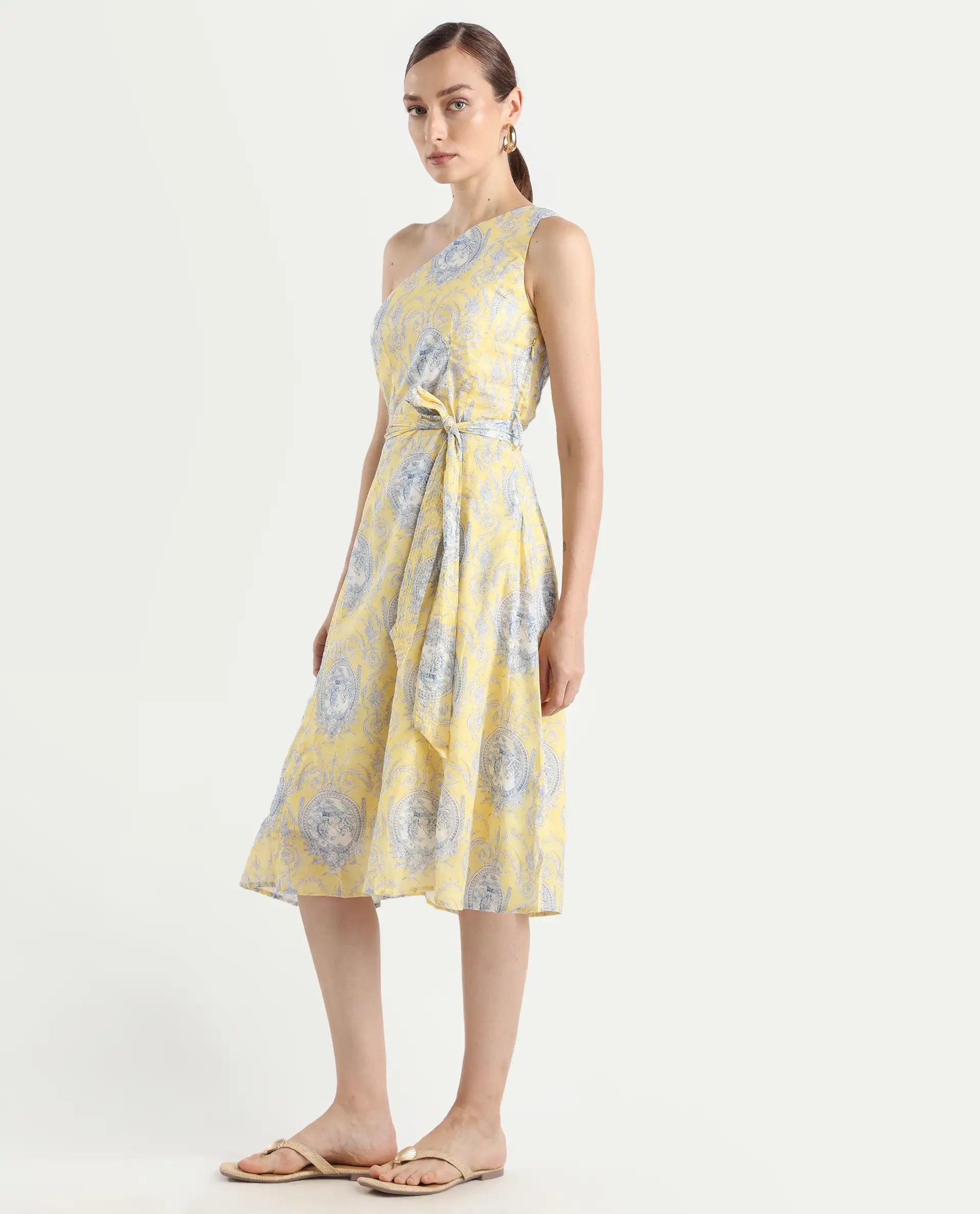 Rareism Women's Bermera Multi Cotton One Shoulder Ornamental Print One Shoulder Midi Fit And Flare Dress