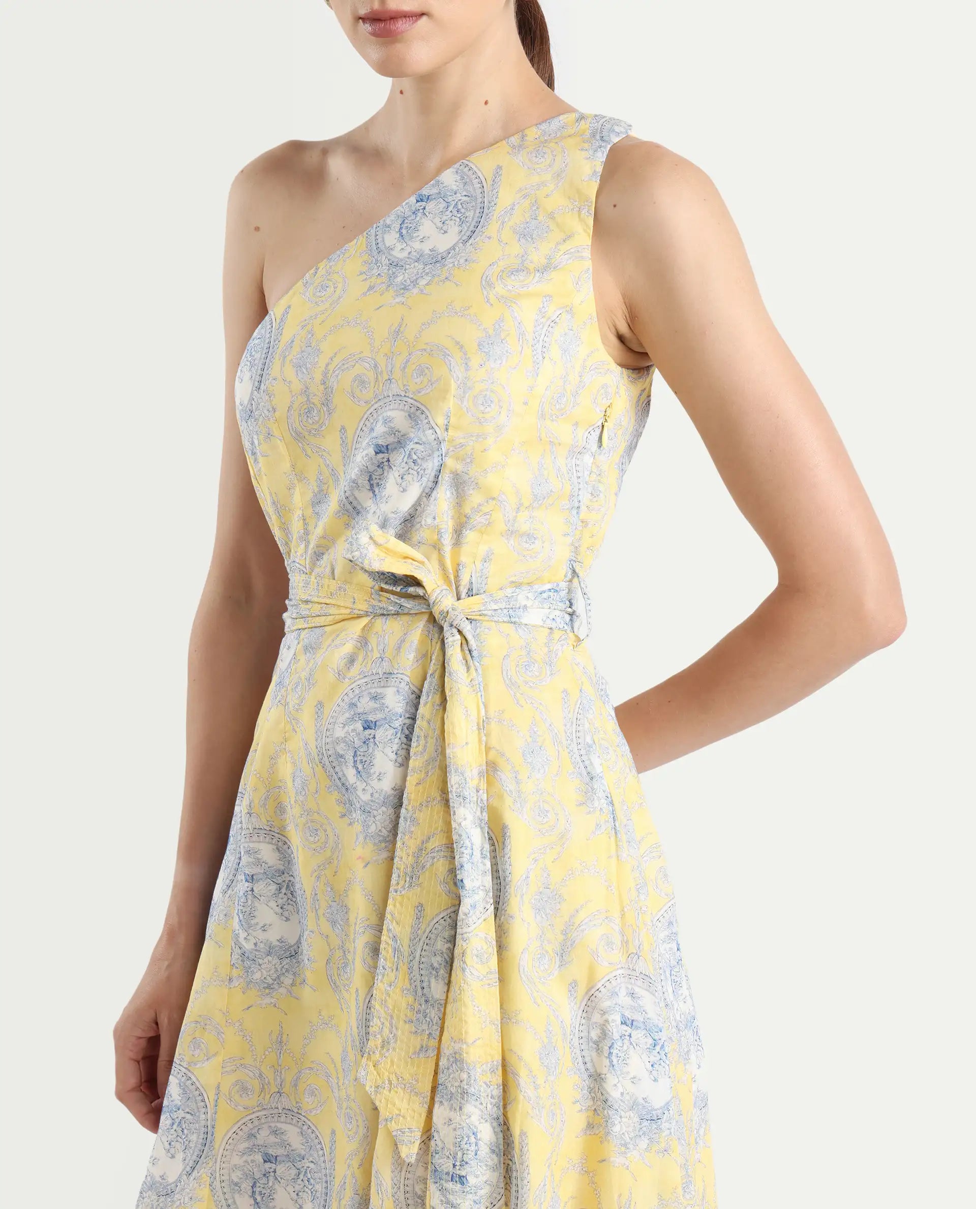 Rareism Women's Bermera Multi Cotton One Shoulder Ornamental Print One Shoulder Midi Fit And Flare Dress