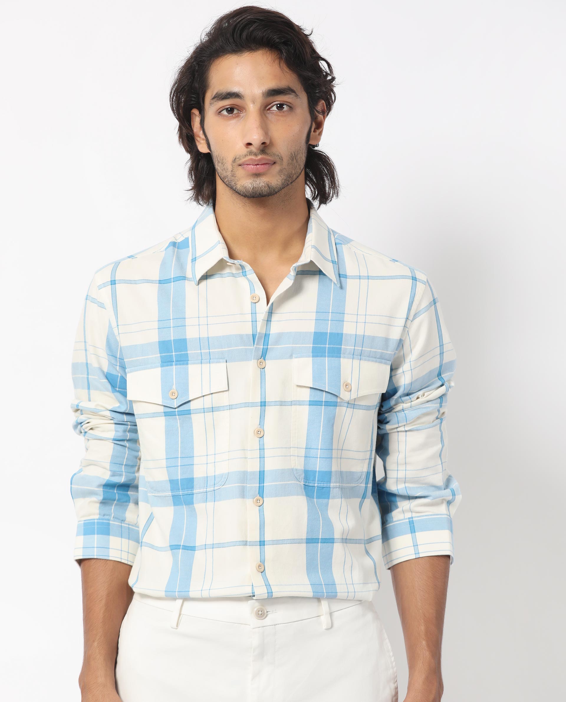 Rare Rabbit Men's Bern Blue Cotton Fabric  Full Sleeves Checks Shirt