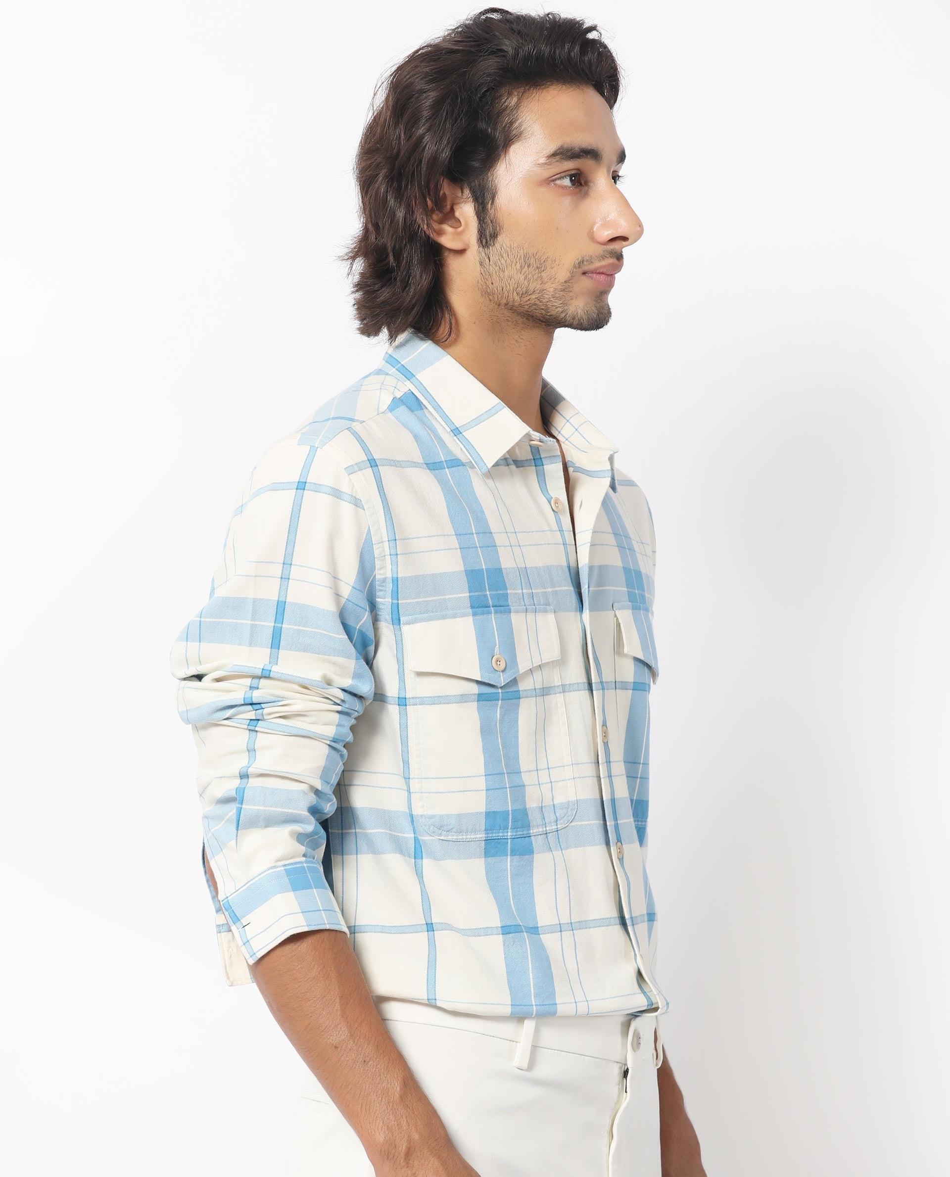 Rare Rabbit Men's Bern Blue Cotton Fabric  Full Sleeves Checks Shirt