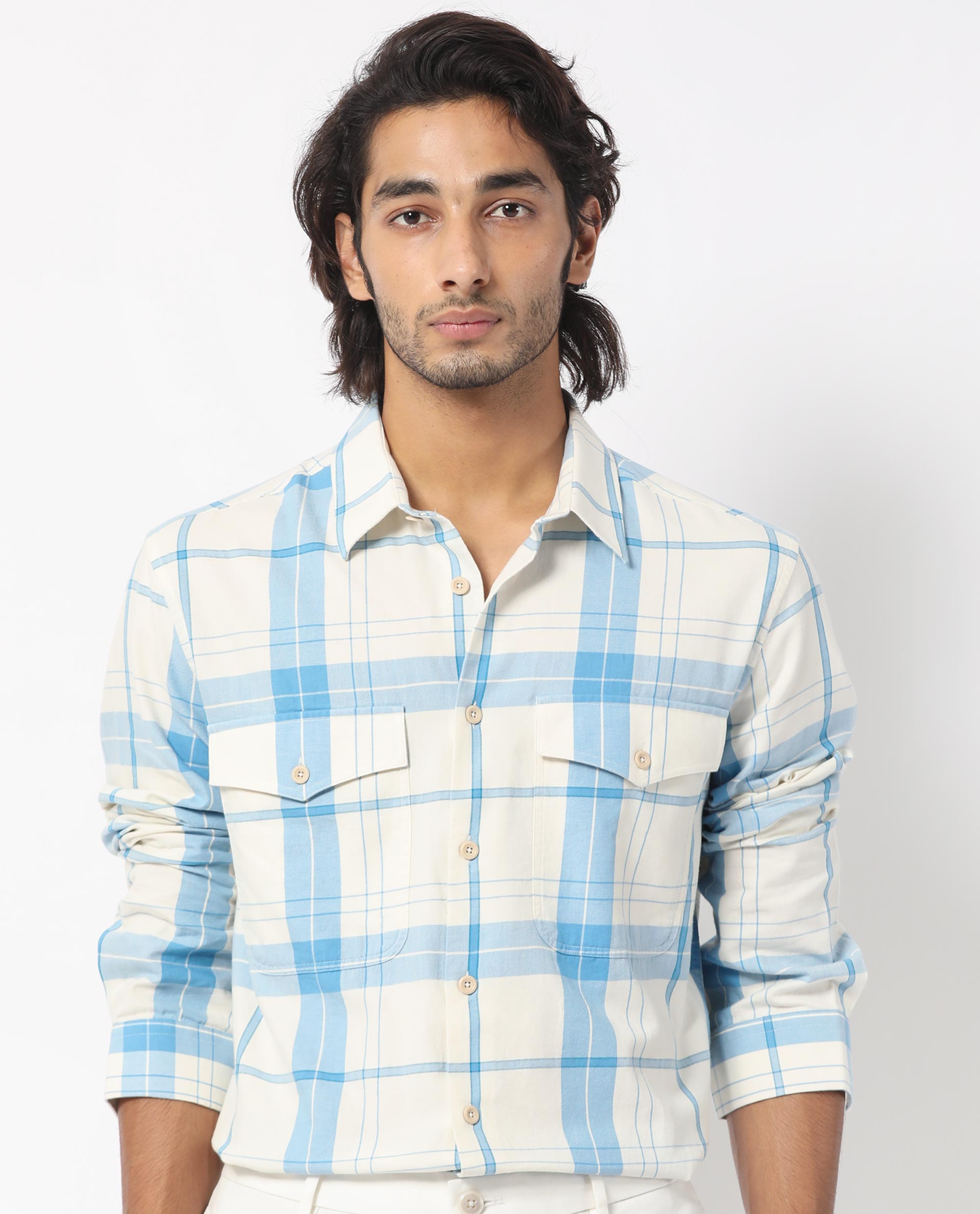 Rare Rabbit Men's Bern Blue Cotton Fabric  Full Sleeves Checks Shirt