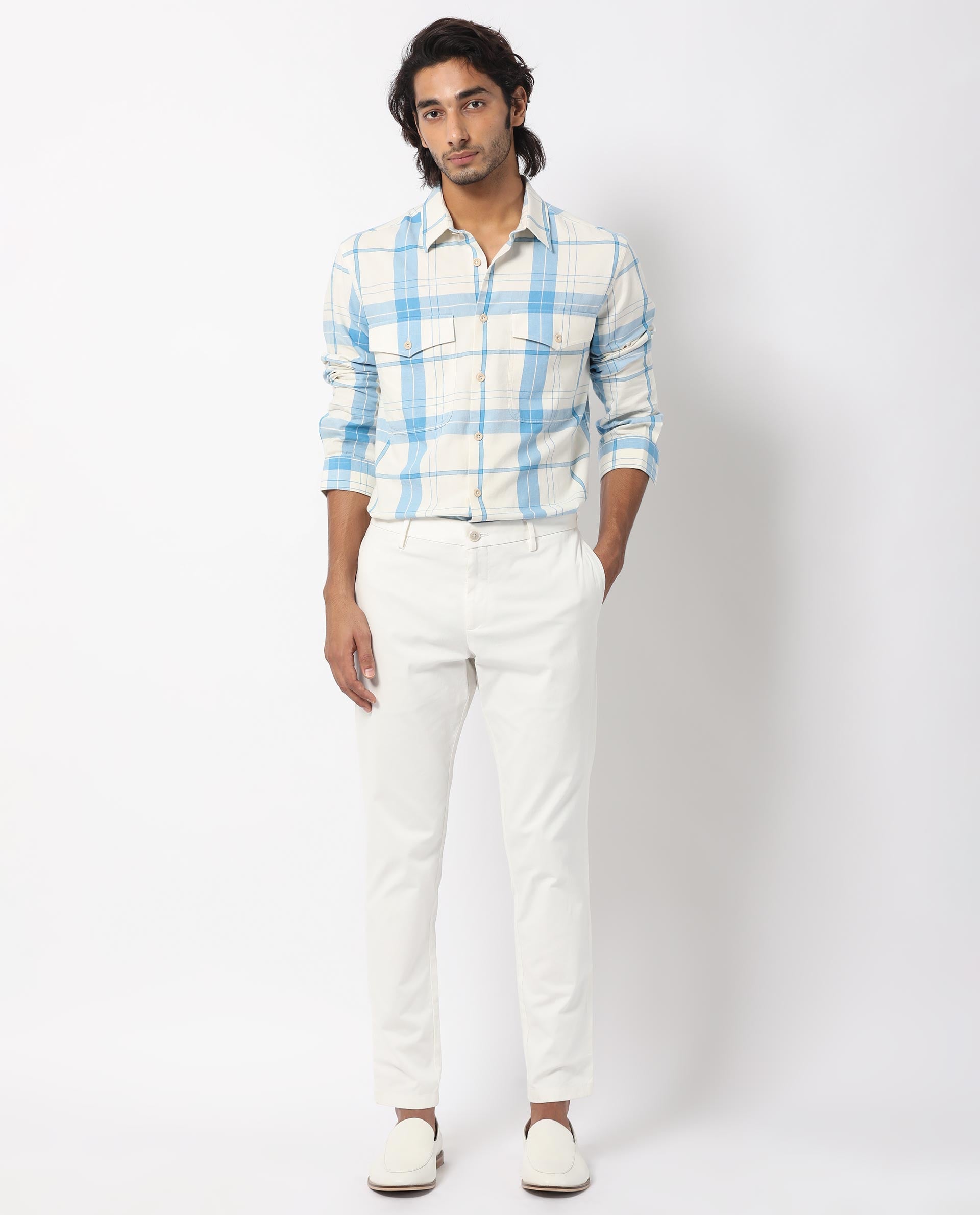 Rare Rabbit Men's Bern Blue Cotton Fabric  Full Sleeves Checks Shirt