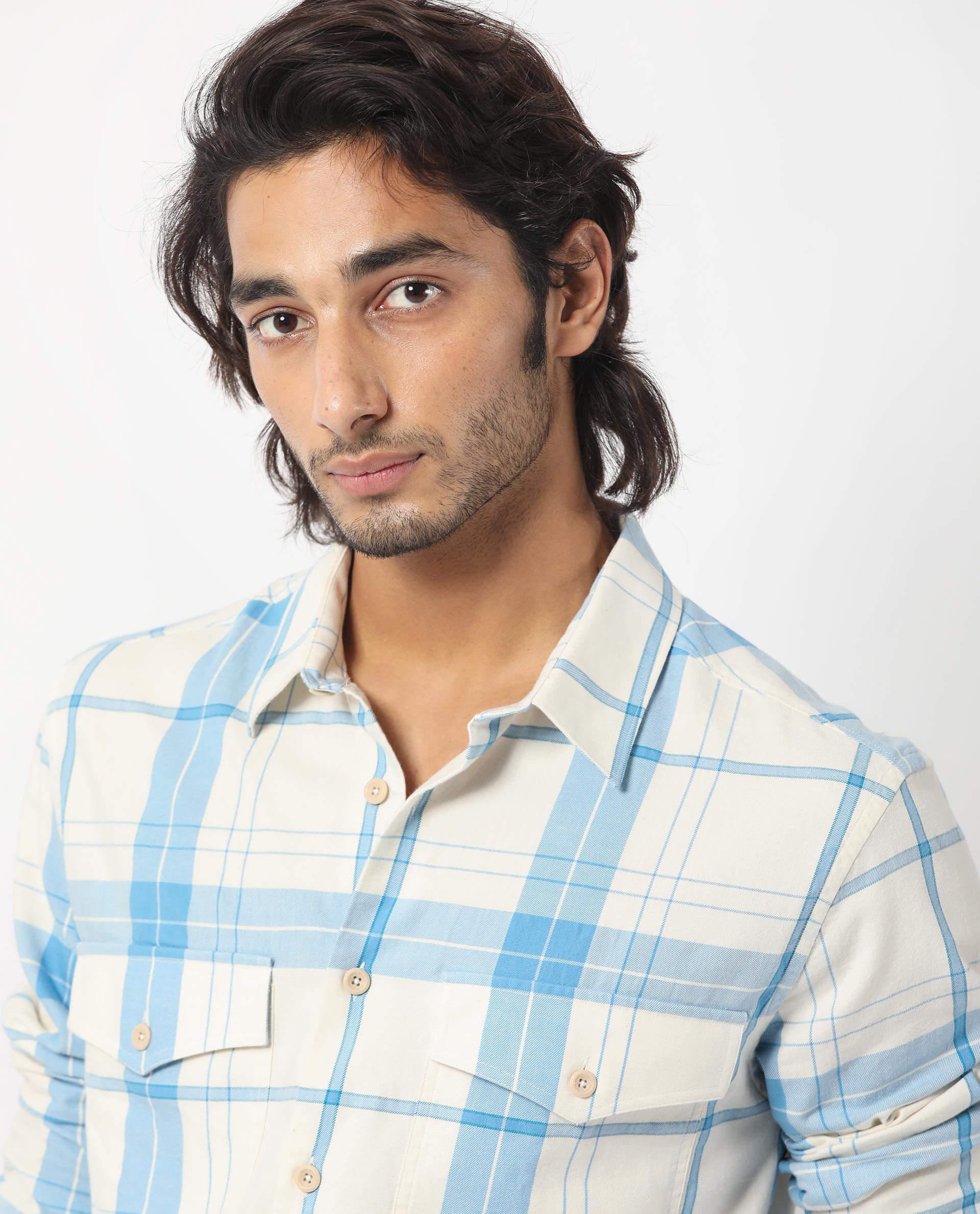 Rare Rabbit Men's Bern Blue Cotton Fabric  Full Sleeves Checks Shirt