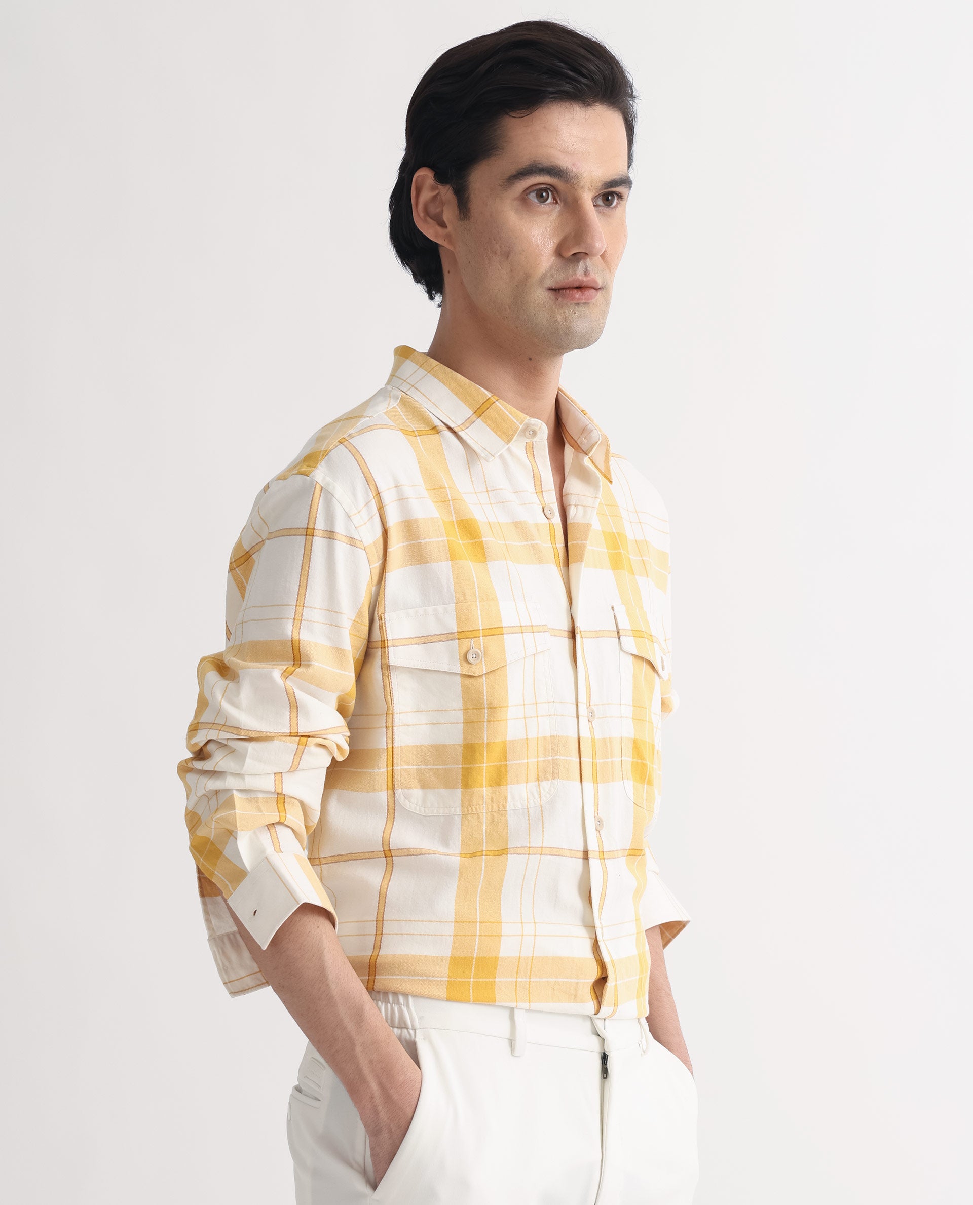 Rare Rabbit Men's Bern Yellow Cotton Fabric Full Sleeves Checks Shirt