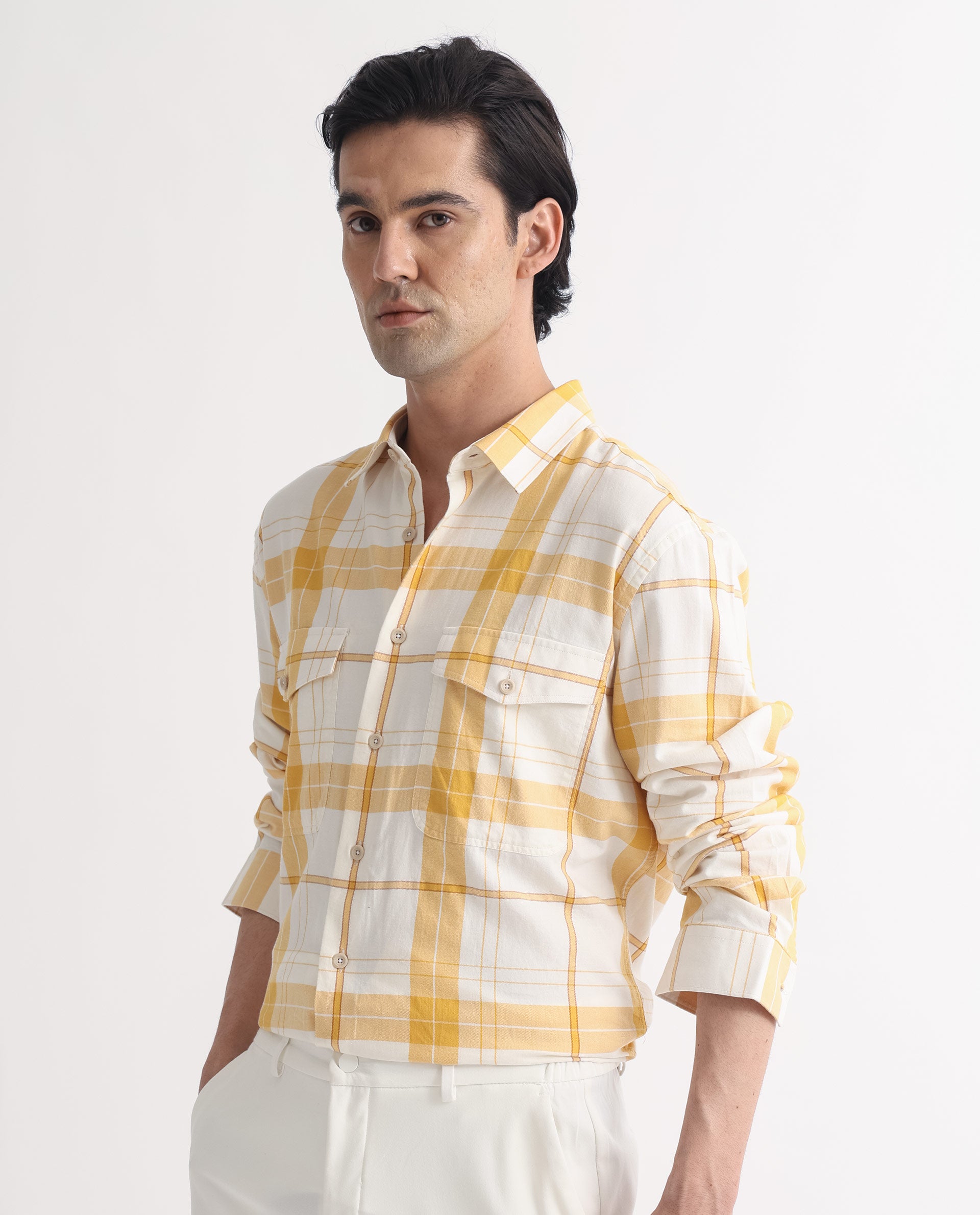 Rare Rabbit Men's Bern Yellow Cotton Fabric Full Sleeves Checks Shirt