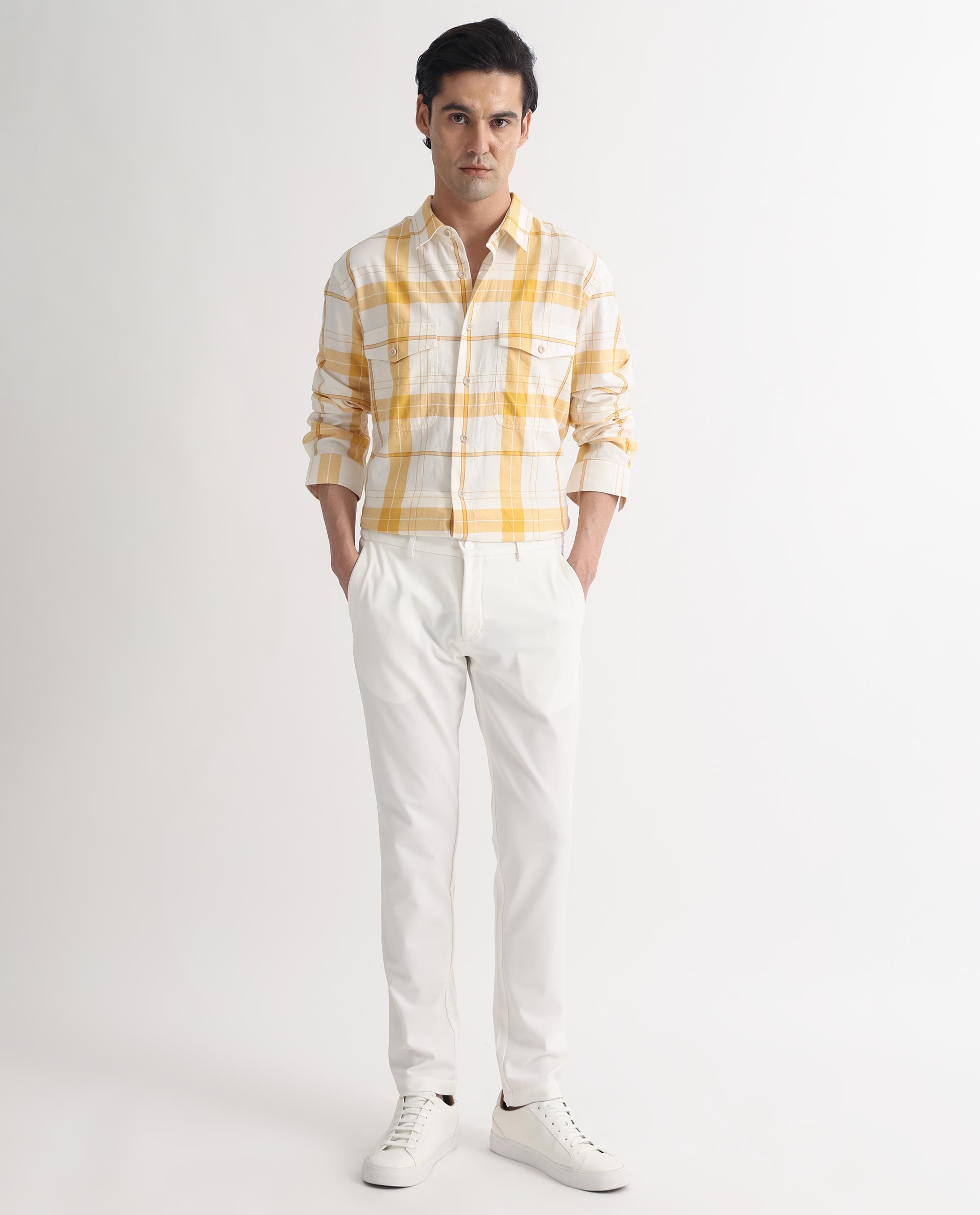 Rare Rabbit Men's Bern Yellow Cotton Fabric Full Sleeves Checks Shirt