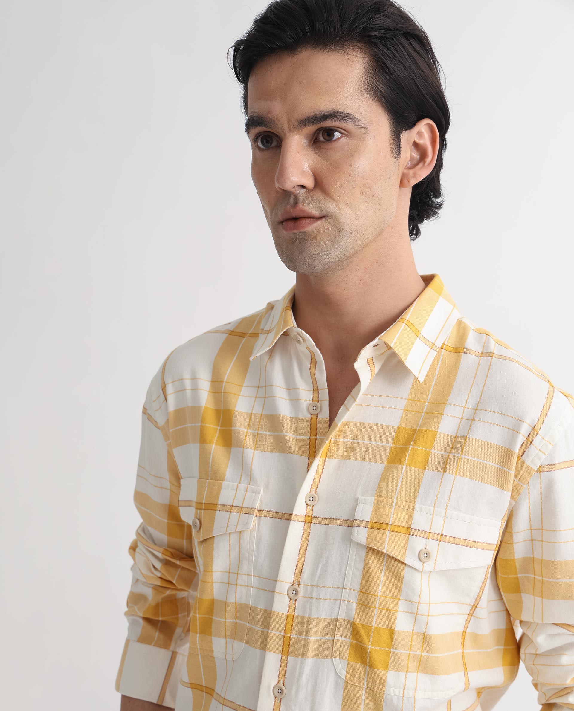Rare Rabbit Men's Bern Yellow Cotton Fabric Full Sleeves Checks Shirt
