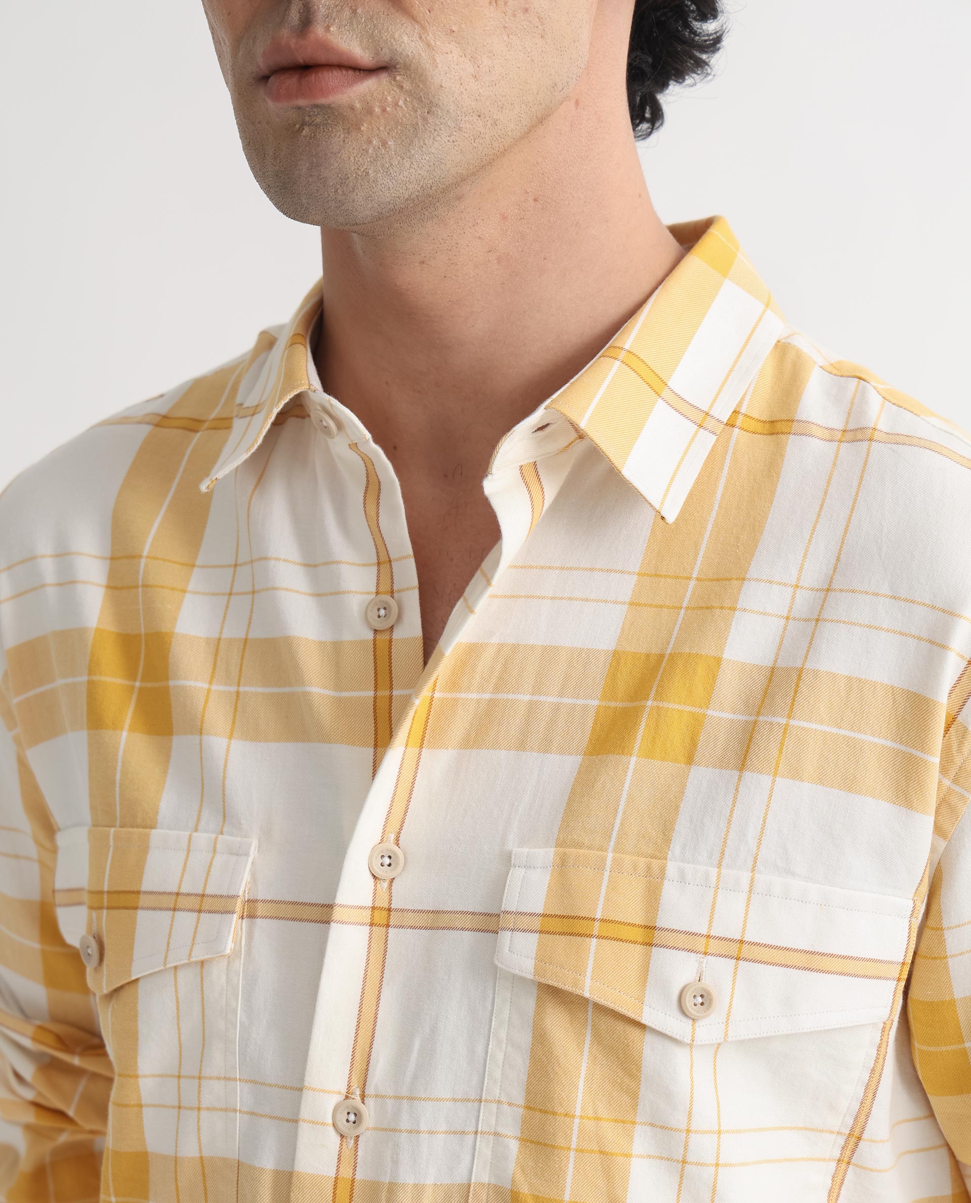 Rare Rabbit Men's Bern Yellow Cotton Fabric Full Sleeves Checks Shirt