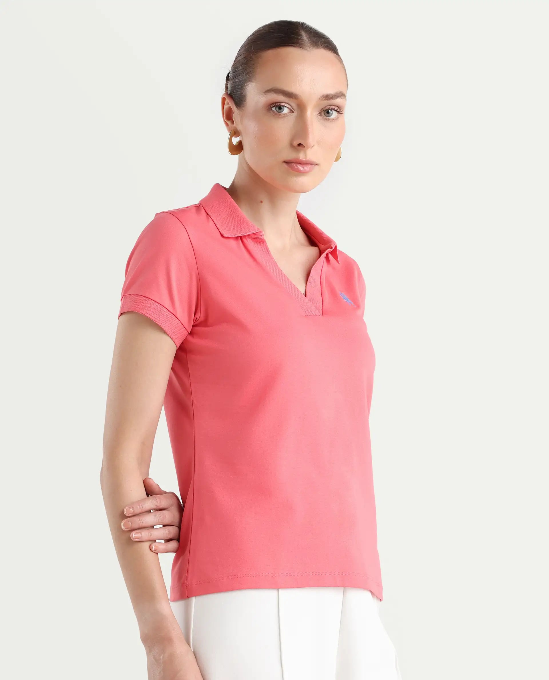 Rareism Women's Bern Pastel Orange Cotton Blend Polo Neck Plain Regular Fit Polo