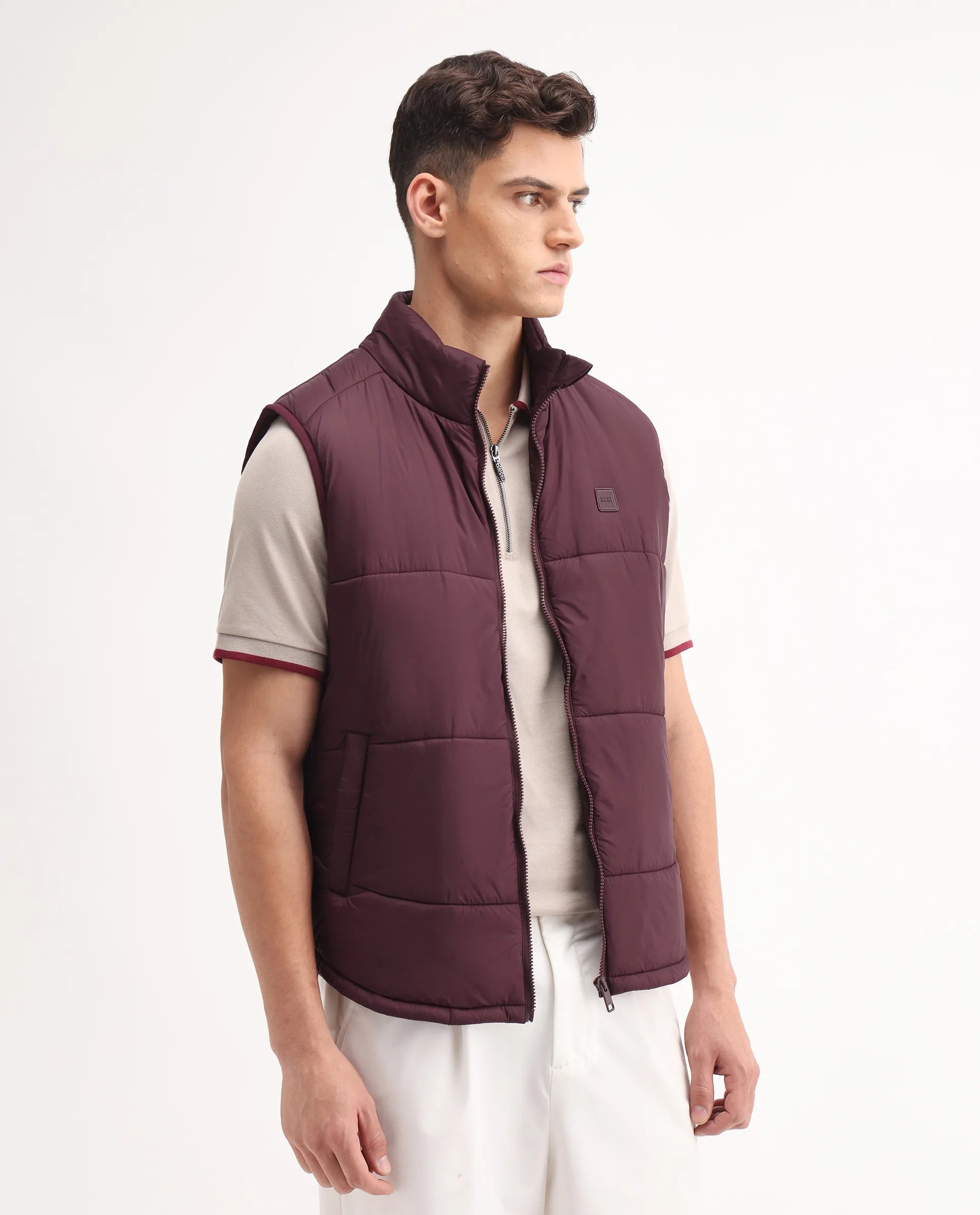 Rare Rabbit Men's Berry-25 Maroon Polyester Plain Regular Fit Sleeveless High Neck Jacket
