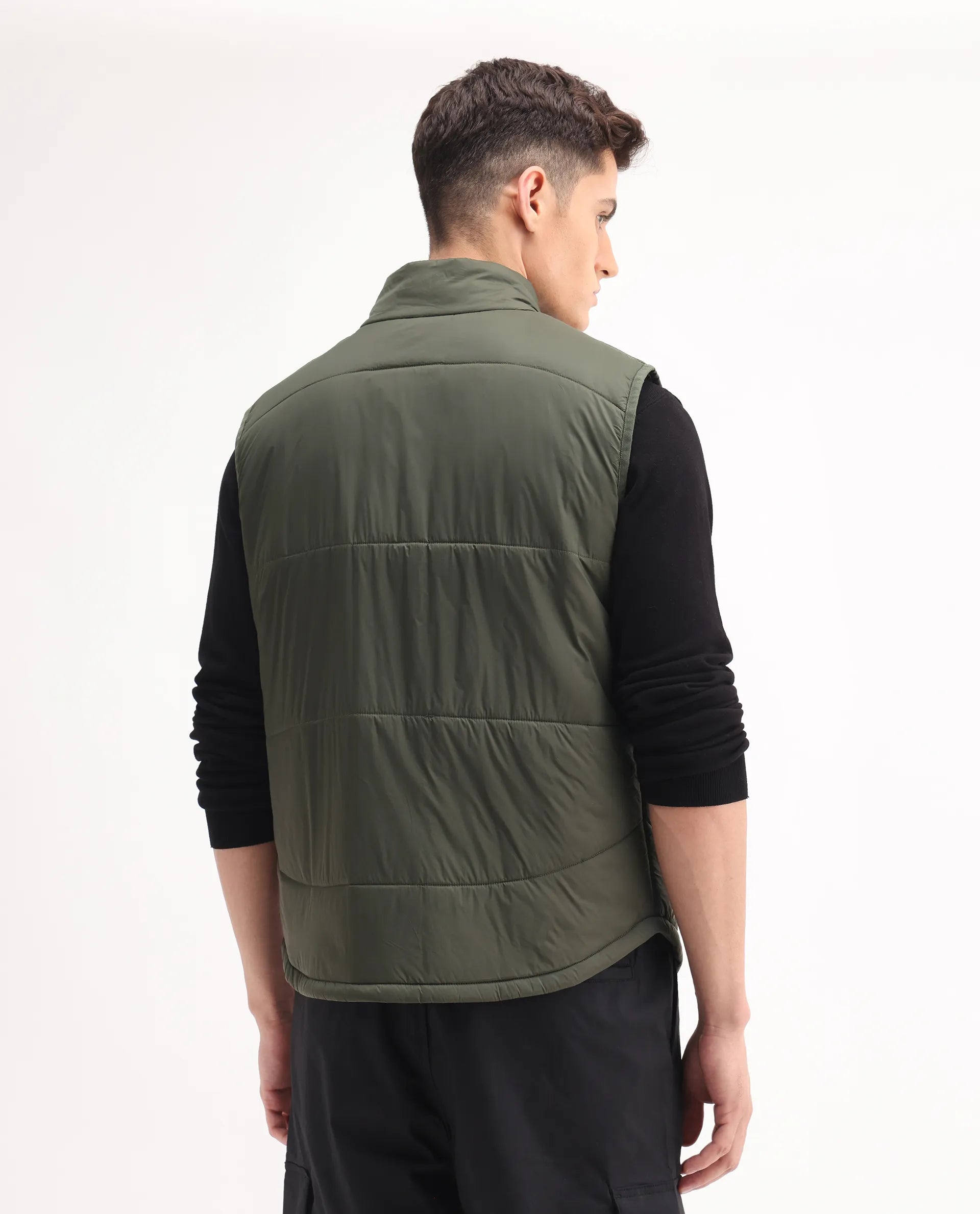 Rare Rabbit Men's Berry-25 Olive Polyester Plain Regular Fit Sleeveless High Neck Jacket