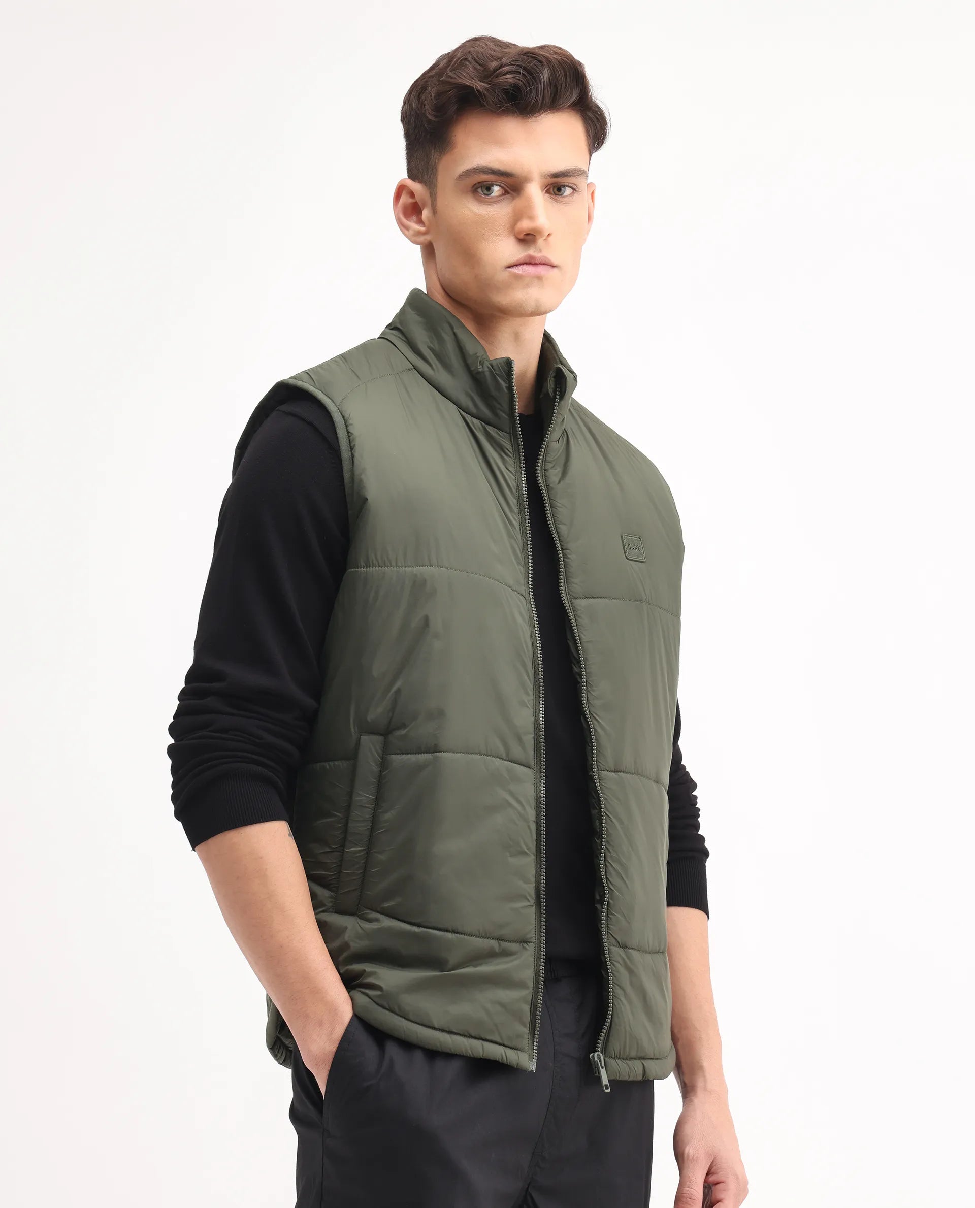 Rare Rabbit Men's Berry-25 Olive Polyester Plain Regular Fit Sleeveless High Neck Jacket