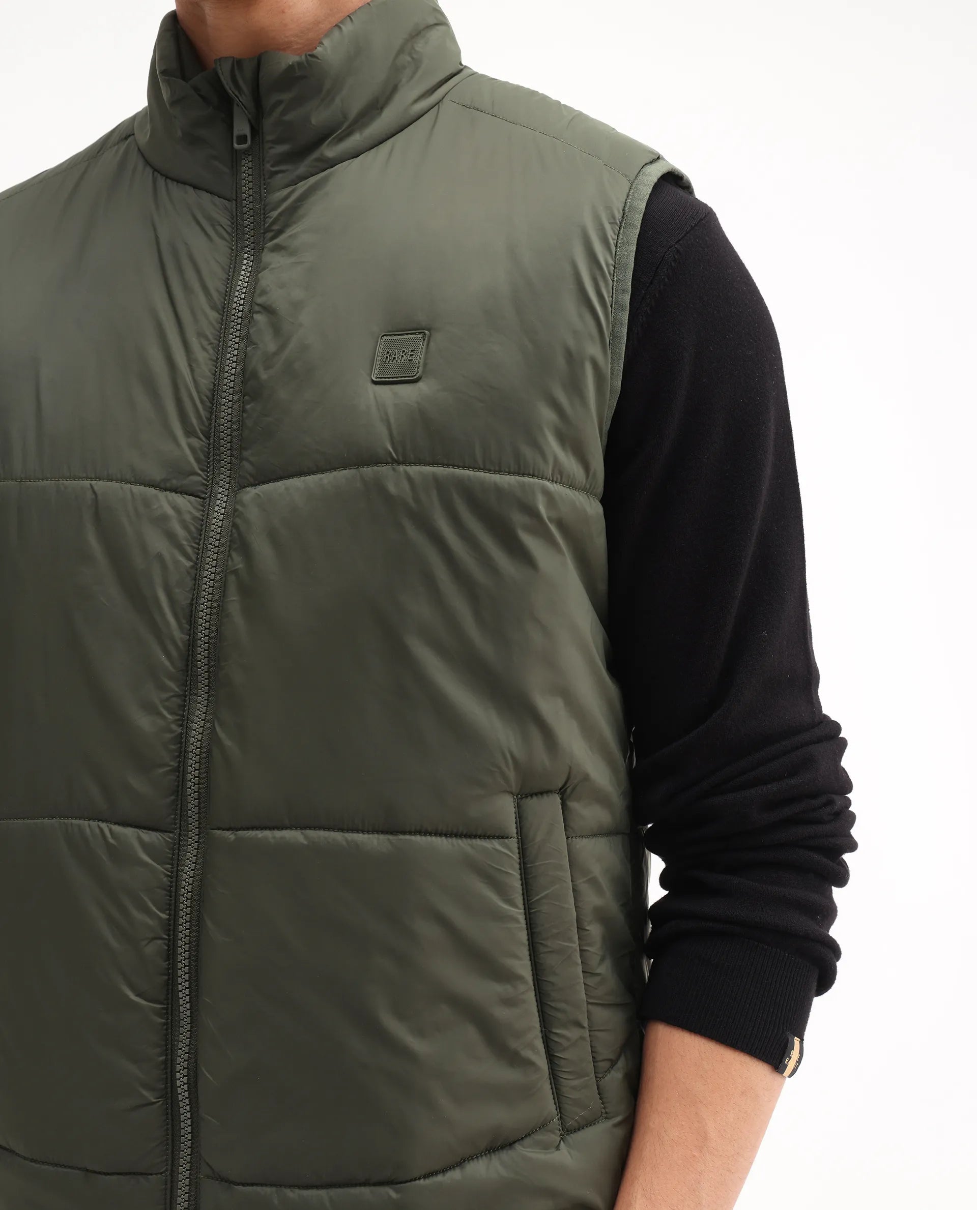 Rare Rabbit Men's Berry-25 Olive Polyester Plain Regular Fit Sleeveless High Neck Jacket